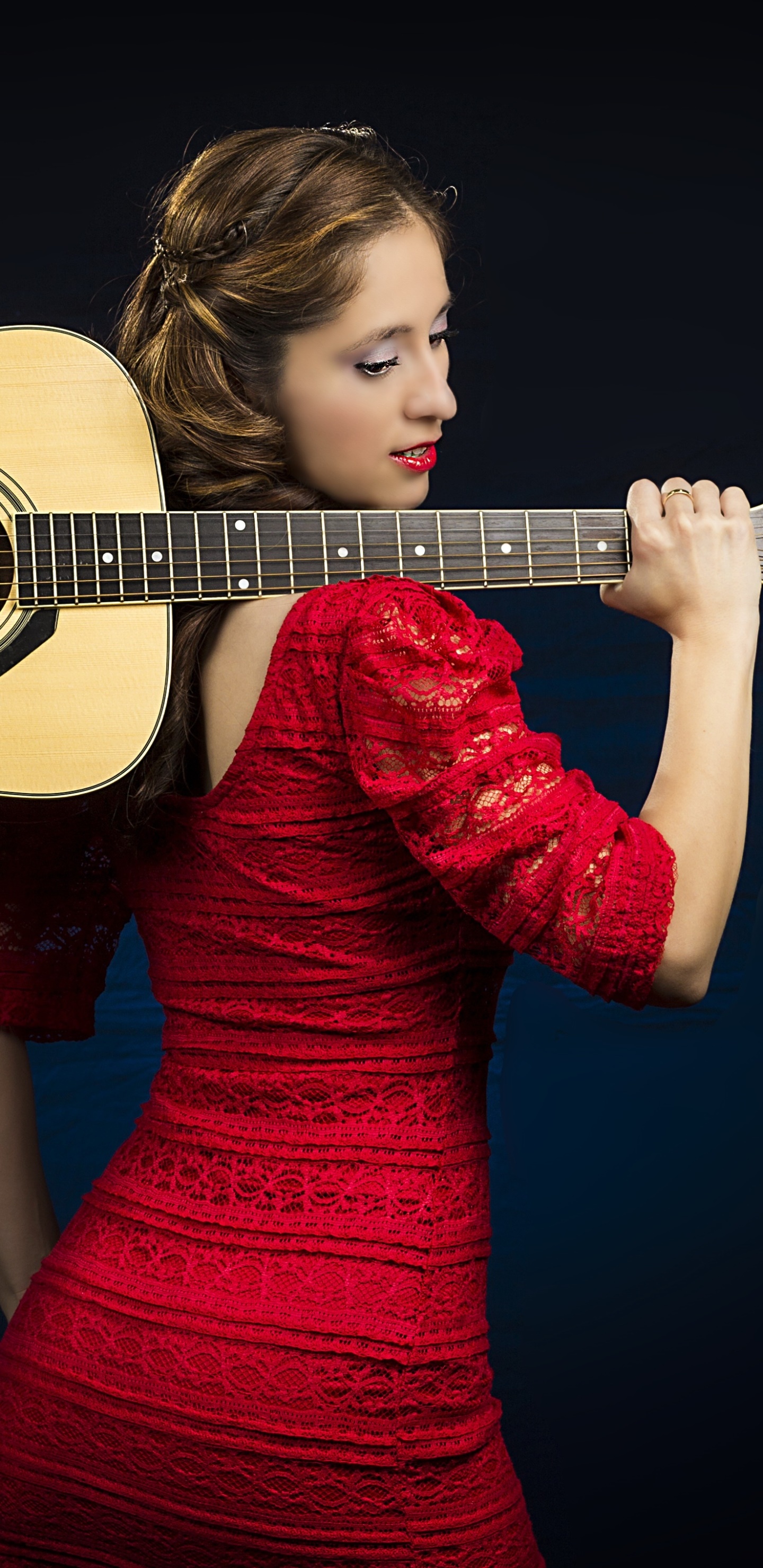 Women Model, Red Dress, Brunette, Guitar, 1440x2960, Phone HD Wallpaper