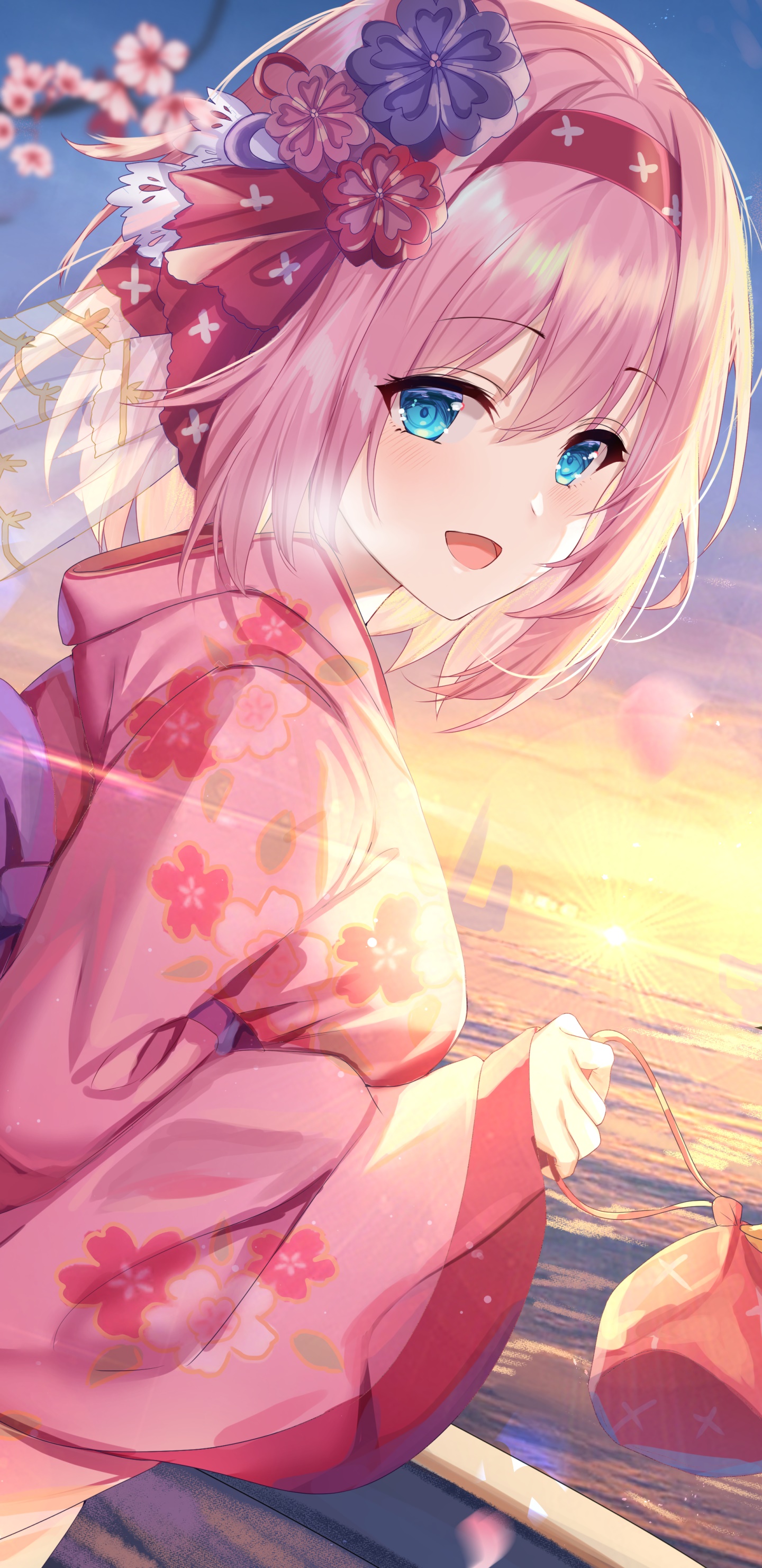 Anime Princess Connect! Re:Dive, Aqua Eyes, Kimono, Japanese Clothes, Short Hair, Pink Hair, 1440x2960, Phone HD Wallpaper