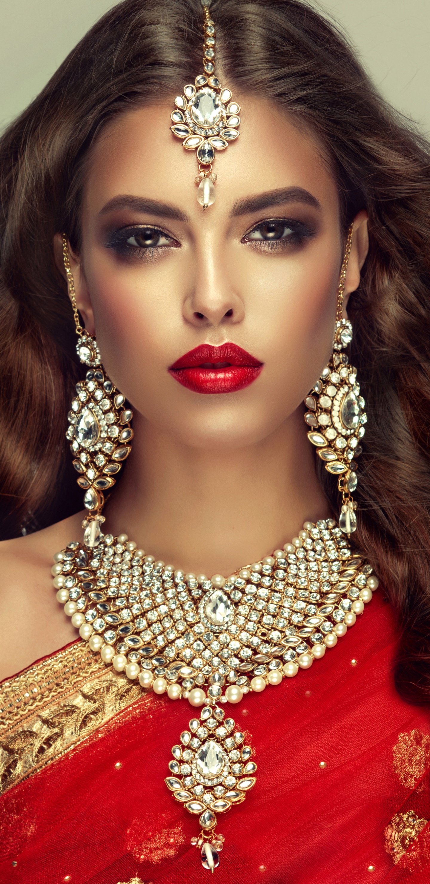 Women Model, Brunette, Brown Eyes, Lipstick, Earrings, Jewelry, 1440x2960, Phone HD Wallpaper