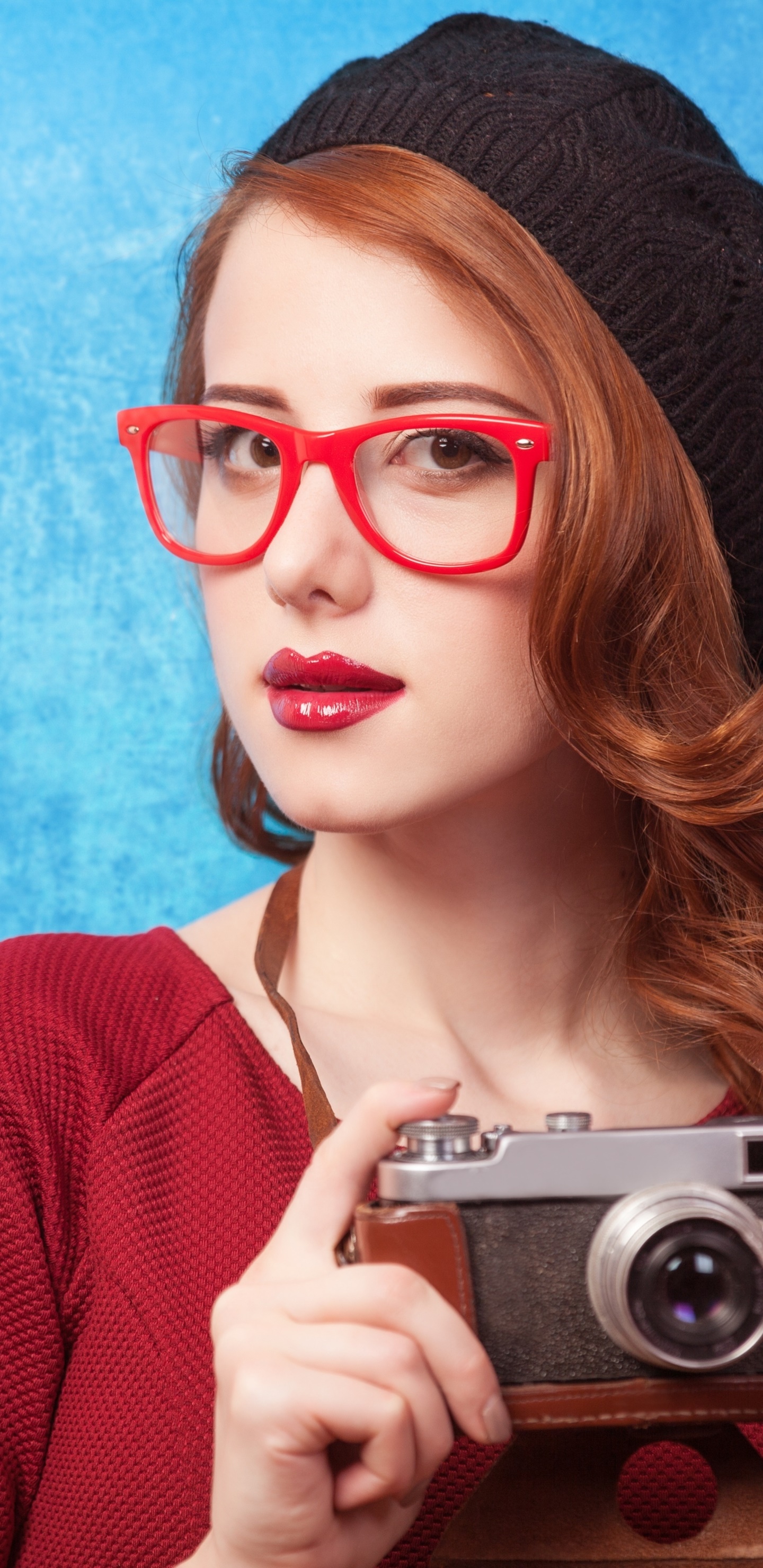 Women Model, Lipstick, Camera, Redhead, Glasses, 1440x2960, Phone HD Wallpaper
