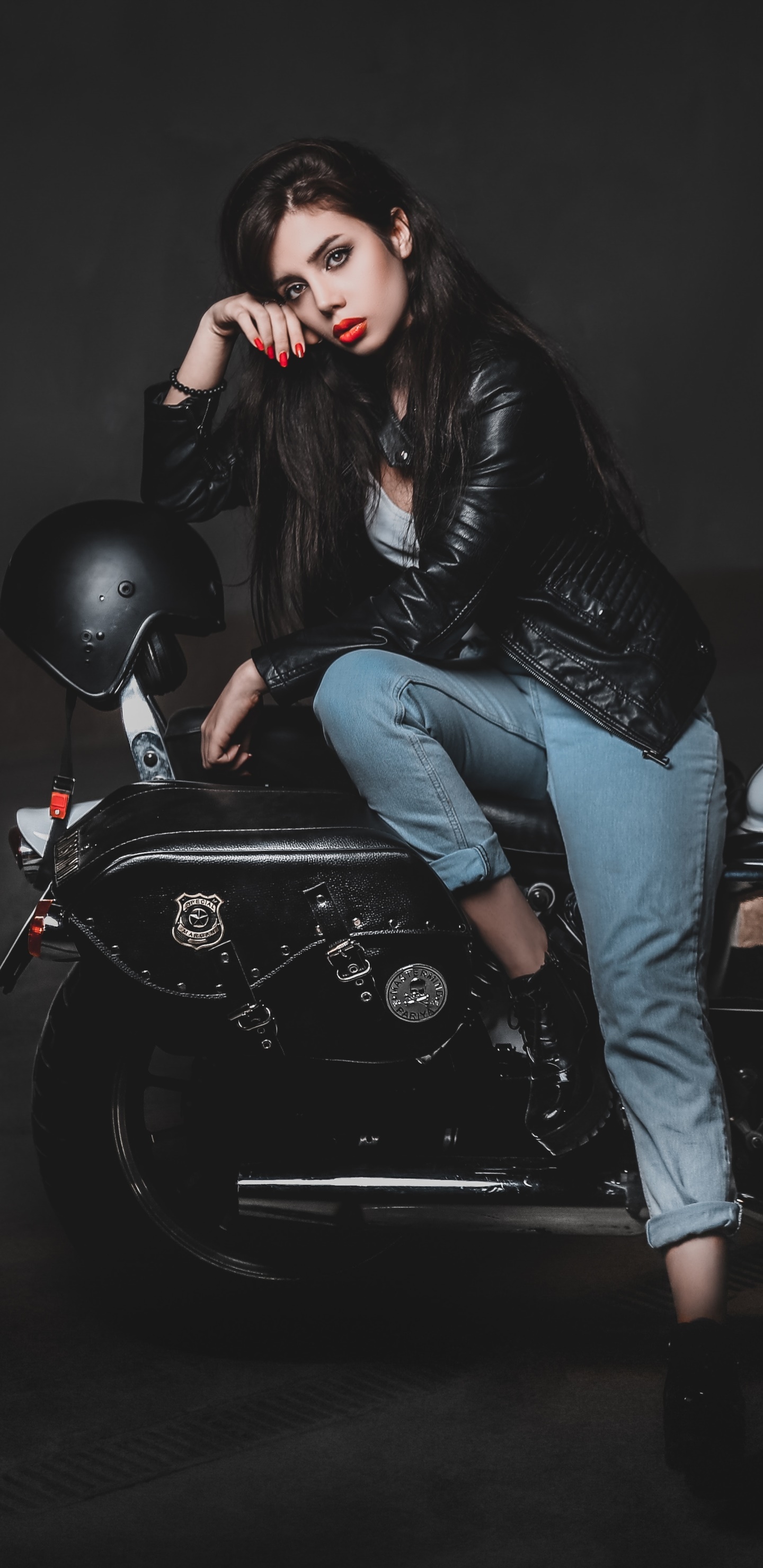Women Model, Leather Jacket, Lipstick, Brown Eyes, Black Hair, 1440x2960, Phone HD Wallpaper