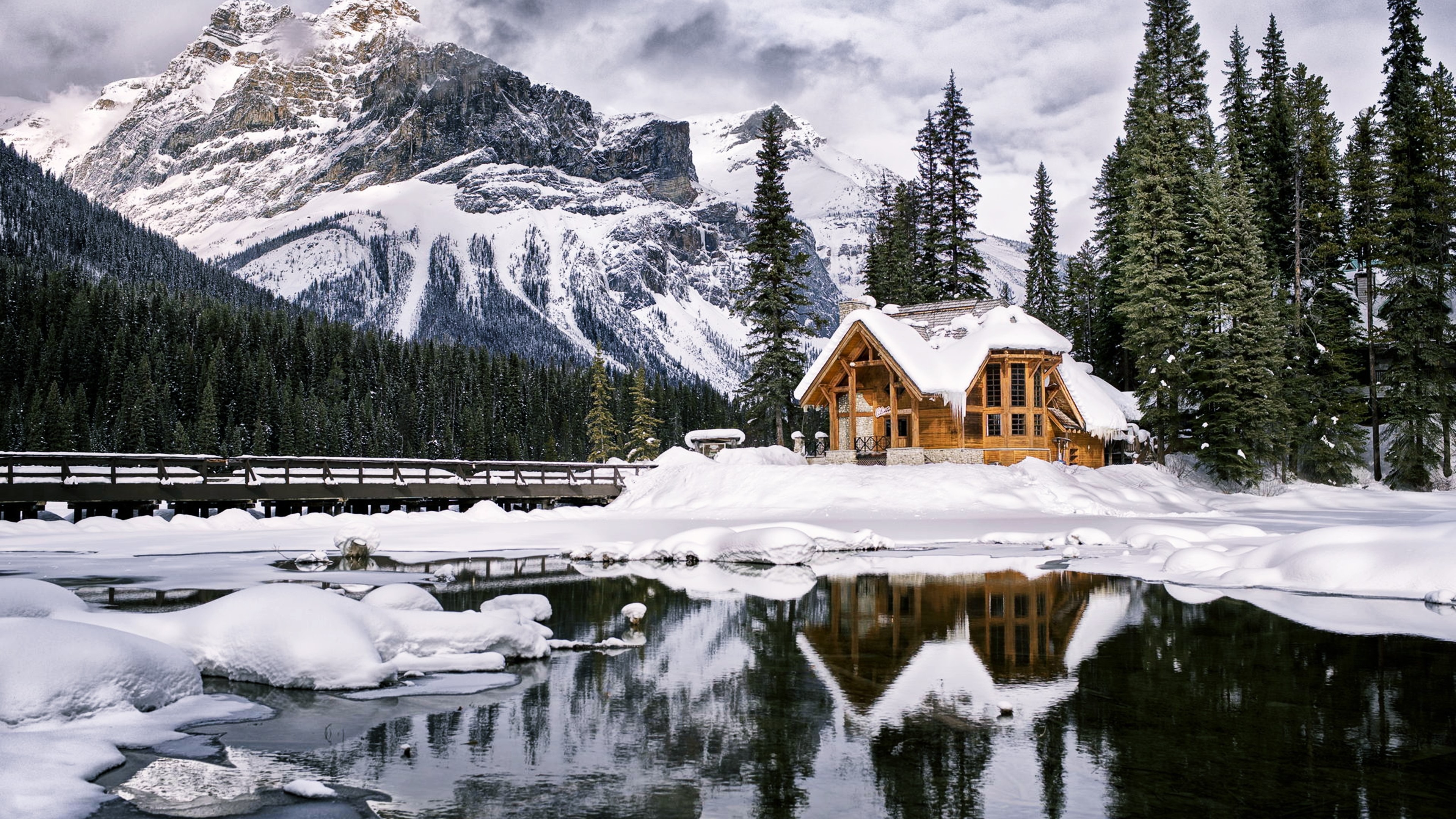 mountains, house, lake, trees, winter, 4k, HD Wallpaper