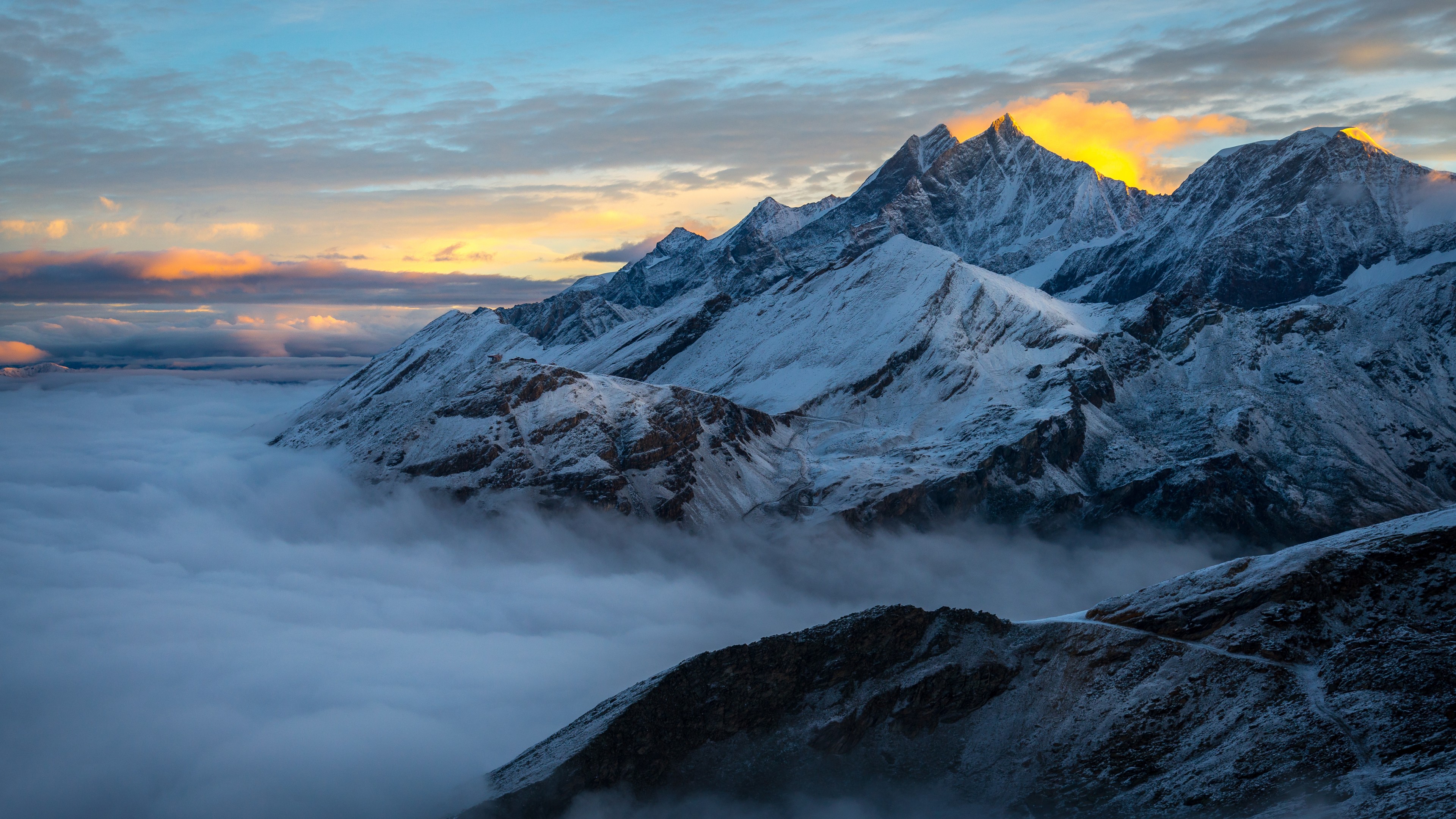 Alps, mountain, winter, fog, 4K, HD Wallpaper