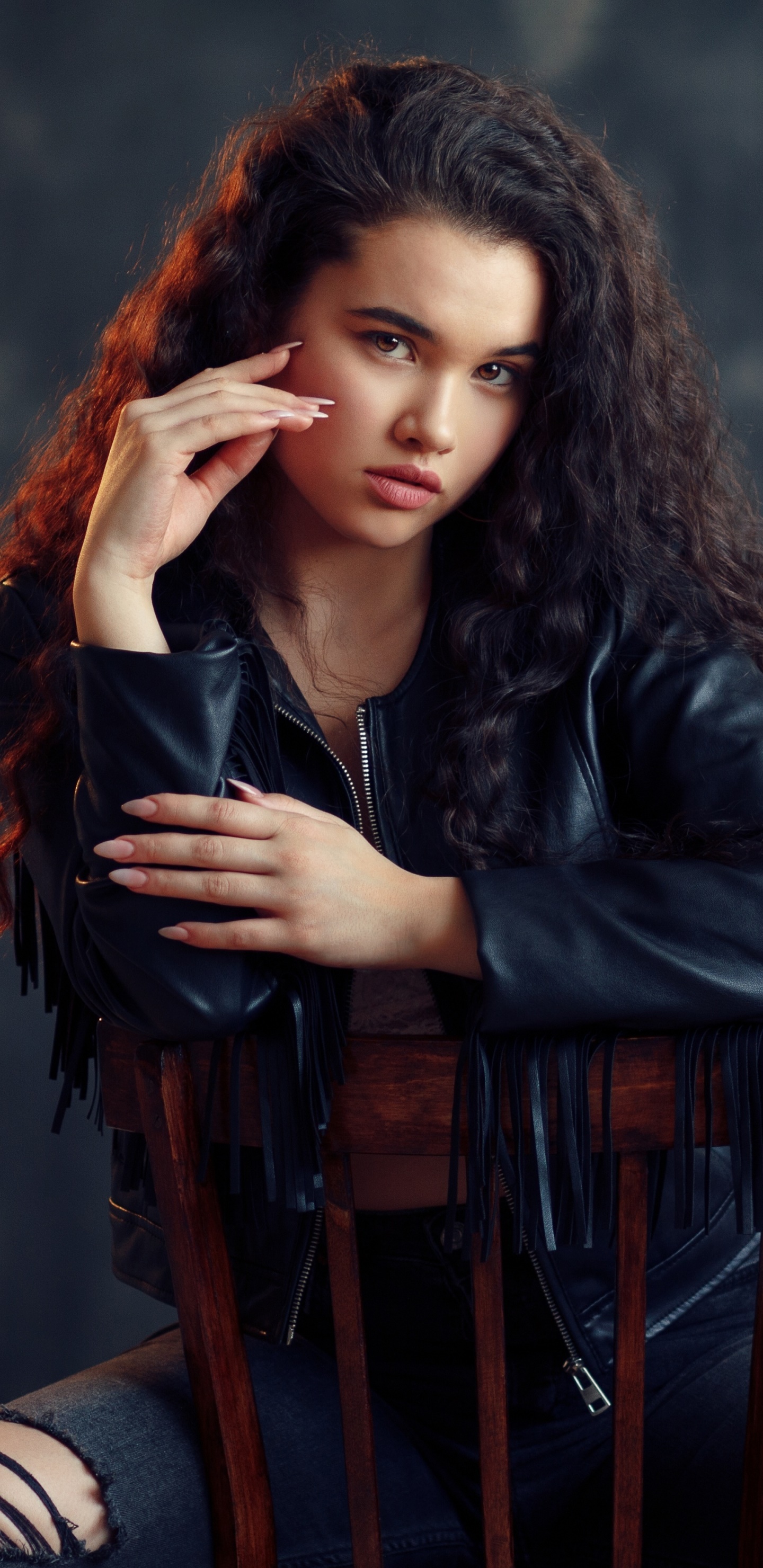 Women Model, Leather Jacket, Black Hair, 1440x2960, Phone HD Wallpaper