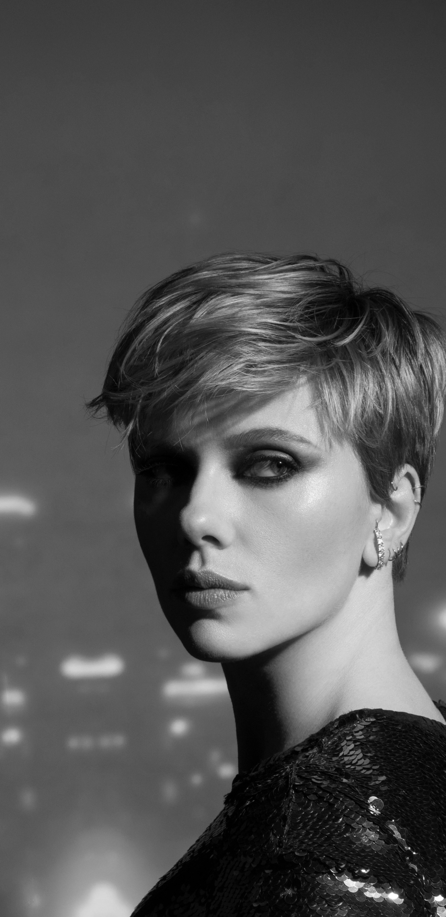 Celebrity Scarlett Johansson, Black and White, Actress, Short Hair, American, 1440x2960, Phone HD Wallpaper