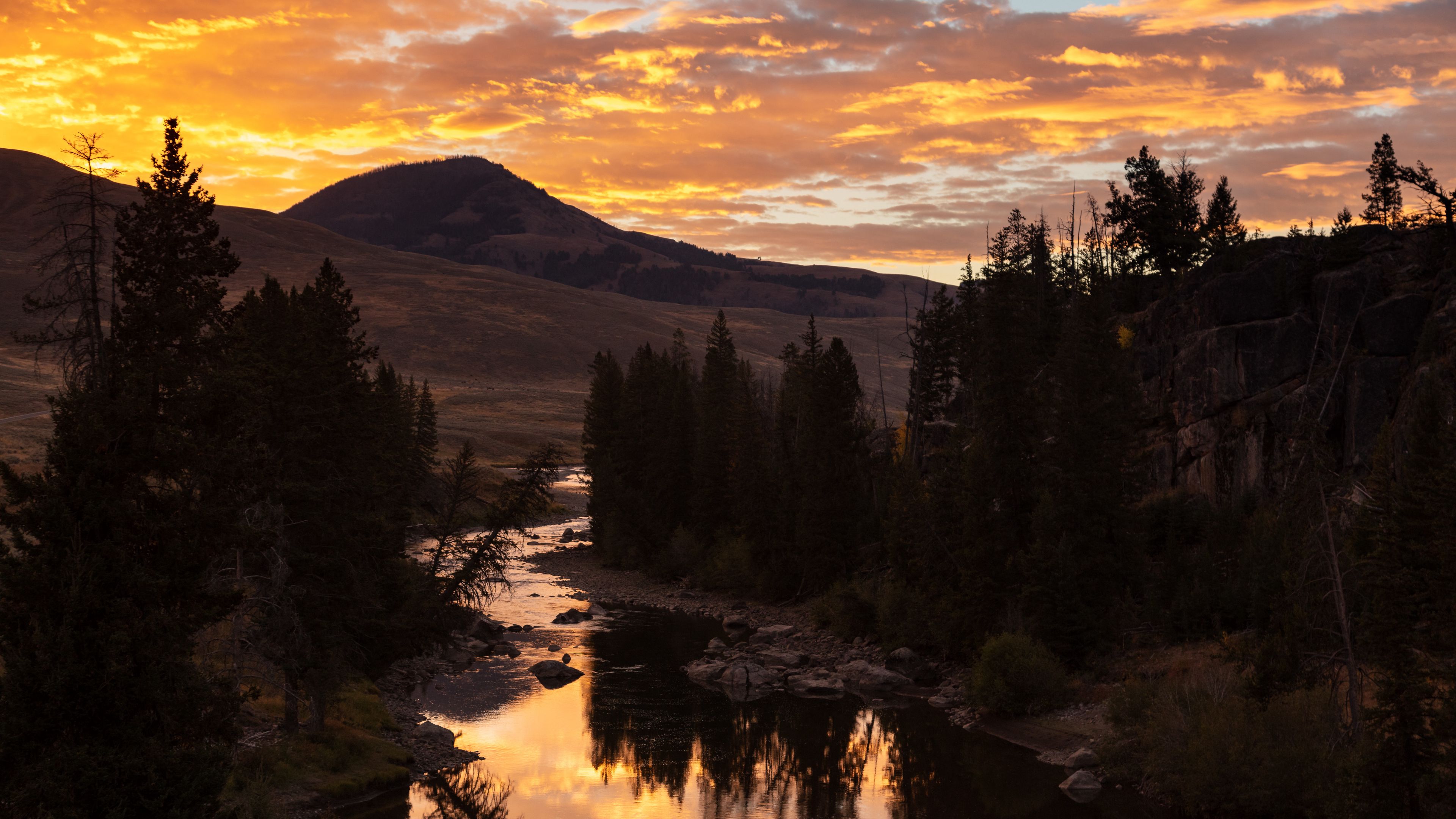 mountains, sunset, river, water, trees, 4k, HD Wallpaper