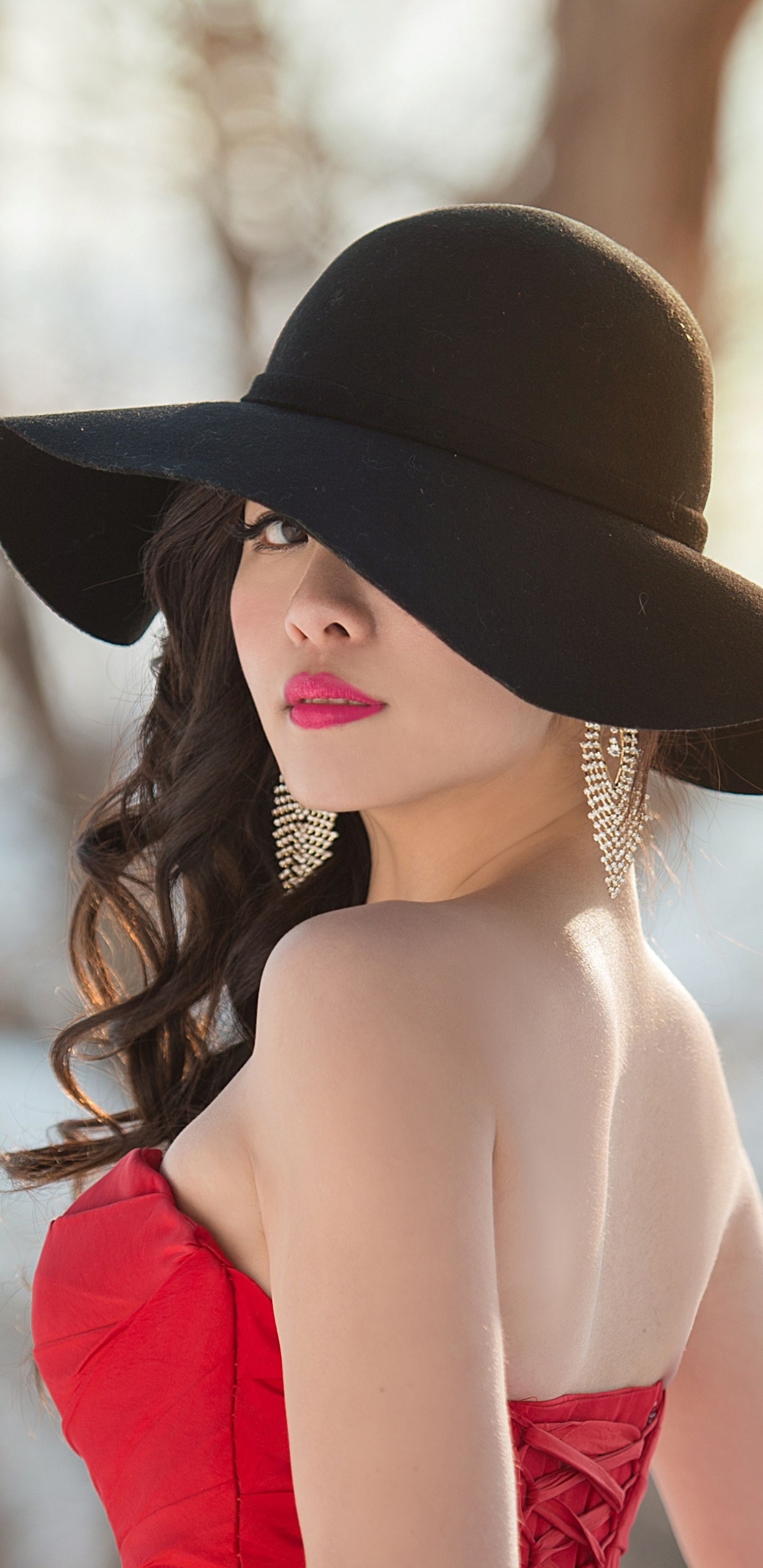 Women Model, Hat, Brown Eyes, Lipstick, Red Dress, Brunette, 1440x2960, Phone HD Wallpaper