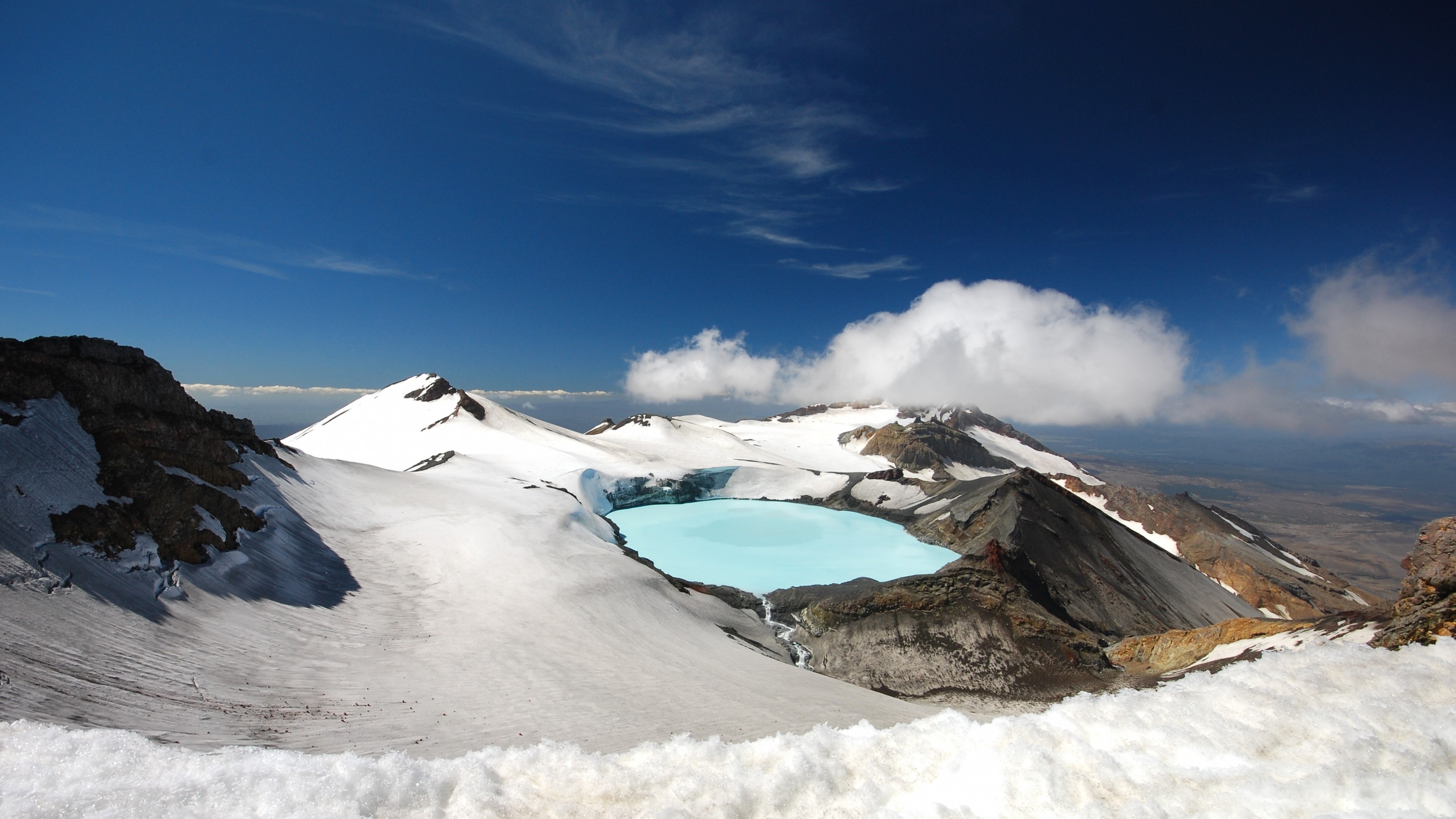 Tongariro, New Zealand, lake, clouds, sky, mountains, snow, 4k, HD Wallpaper