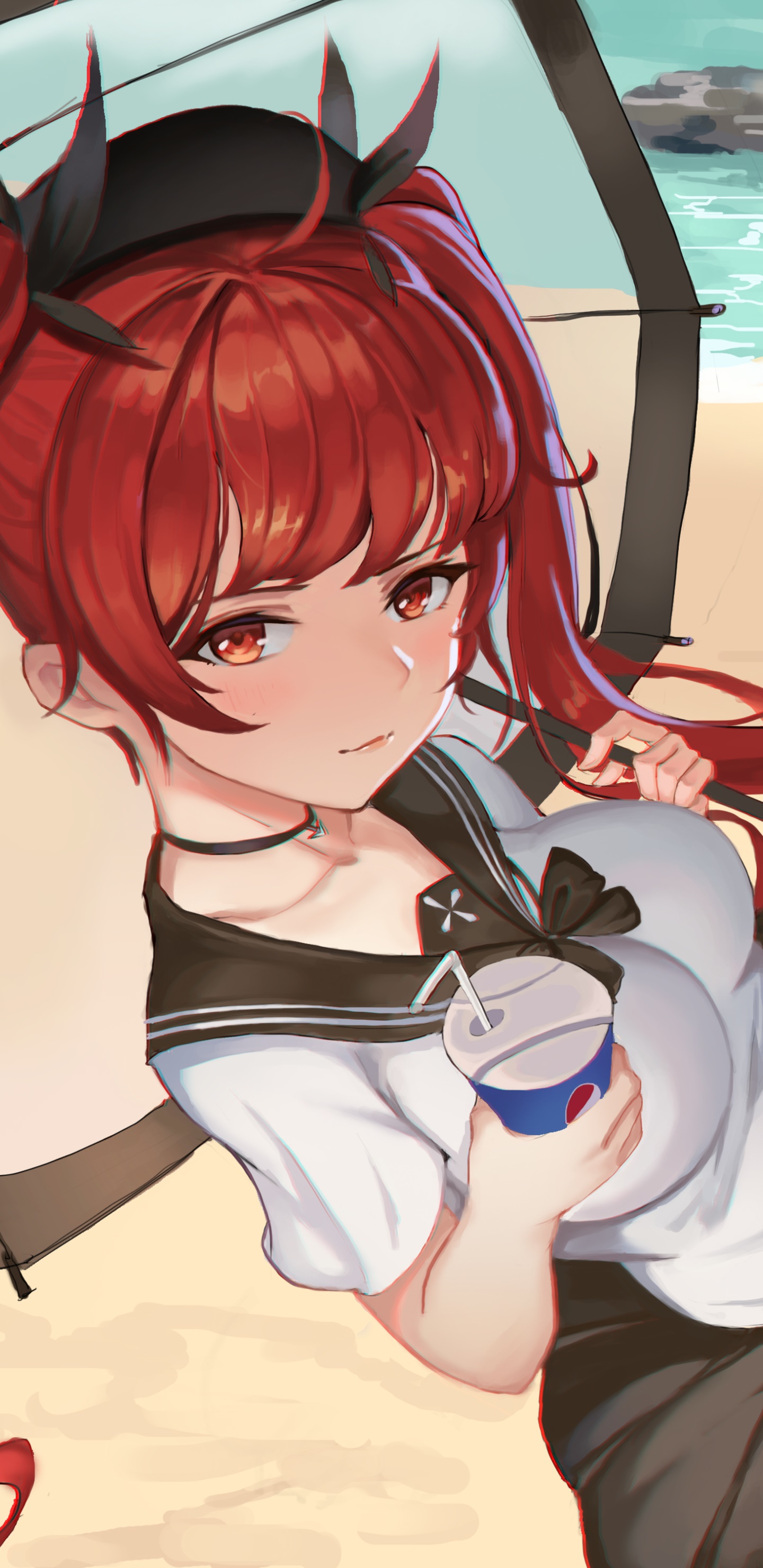 Anime Azur Lane, Honolulu (Azur Lane), Red Hair, Red Eyes, Beach, 1440x2960, Phone HD Wallpaper
