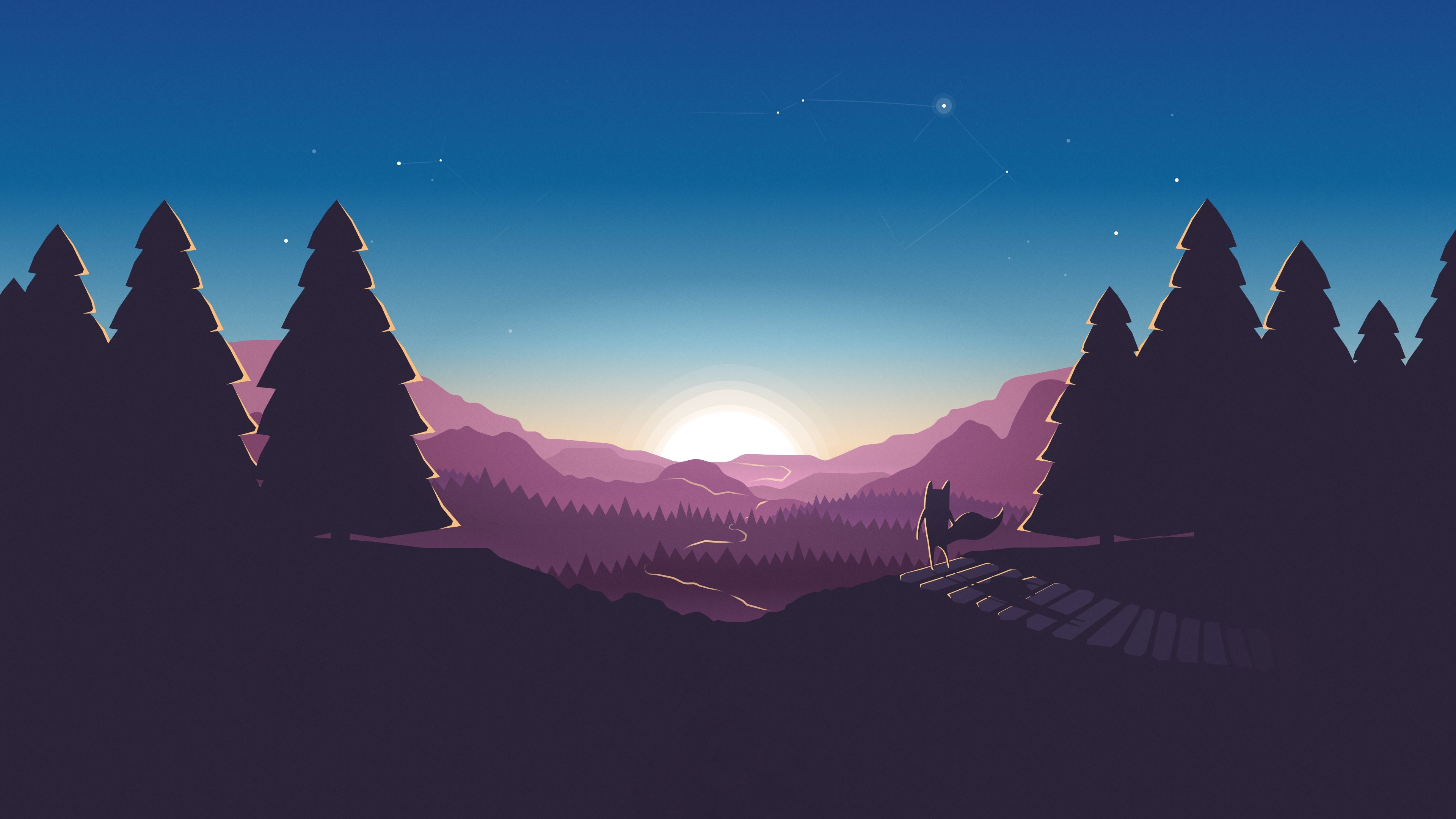 forest, sunset, fox, 4k, HD Wallpaper