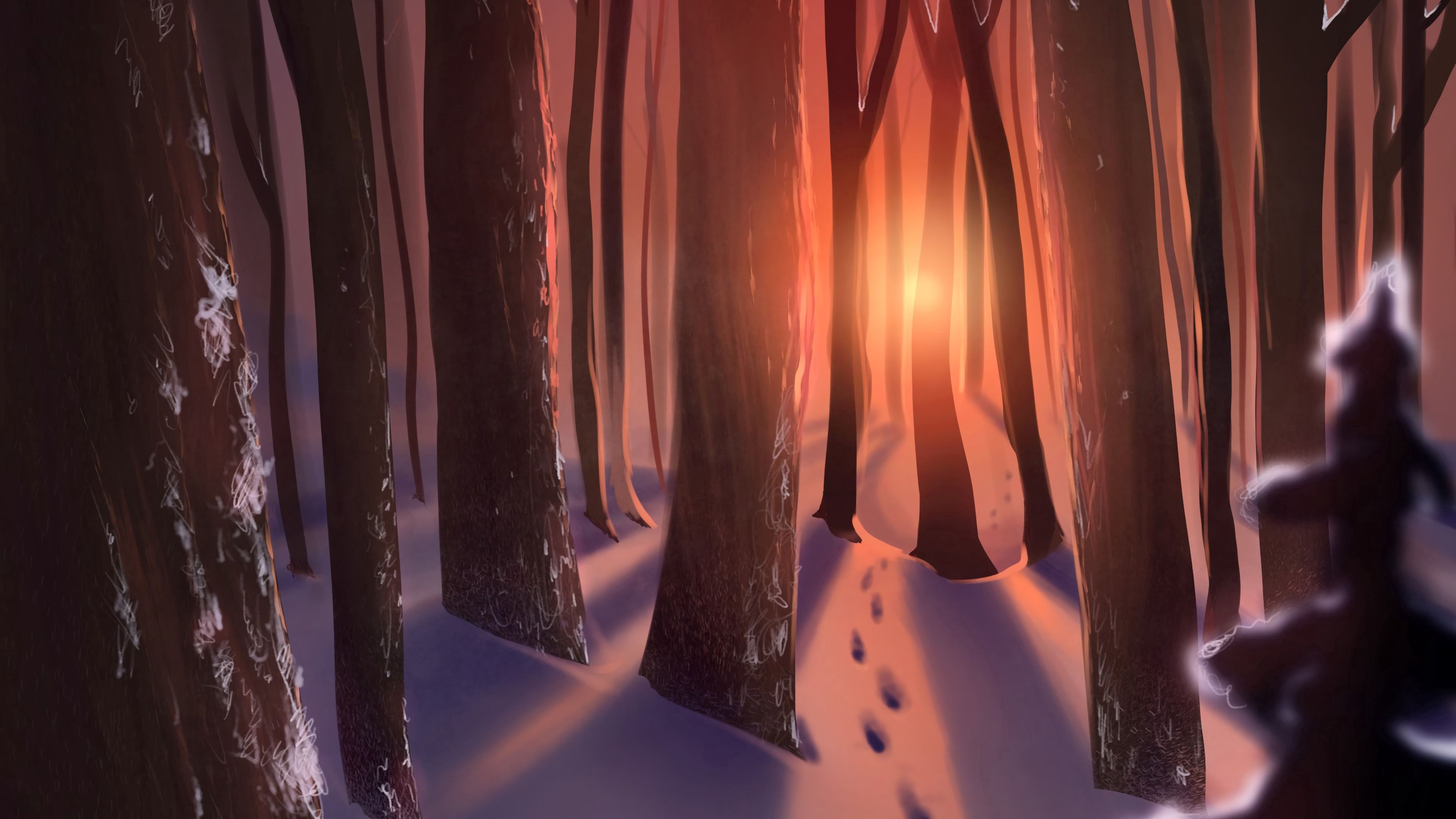 sun, traces, trees, forest, art, 4k, HD Wallpaper