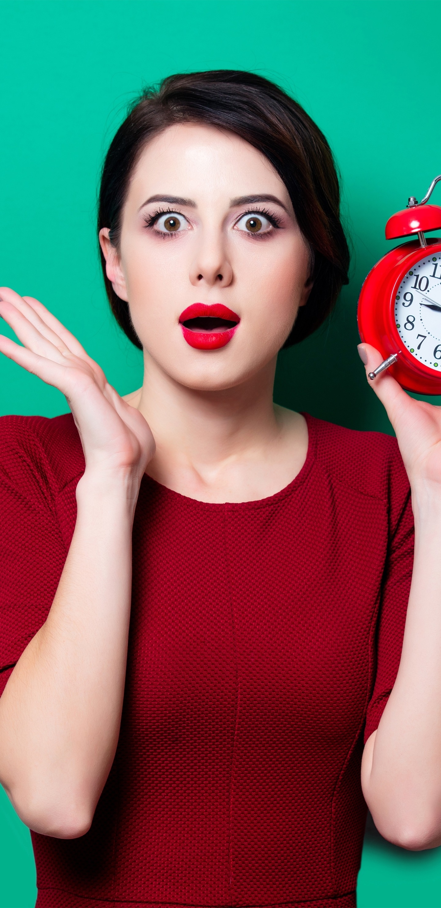Women Model, Brown Eyes, Black Hair, Clock, Short Hair, Lipstick, 1440x2960, Phone HD Wallpaper