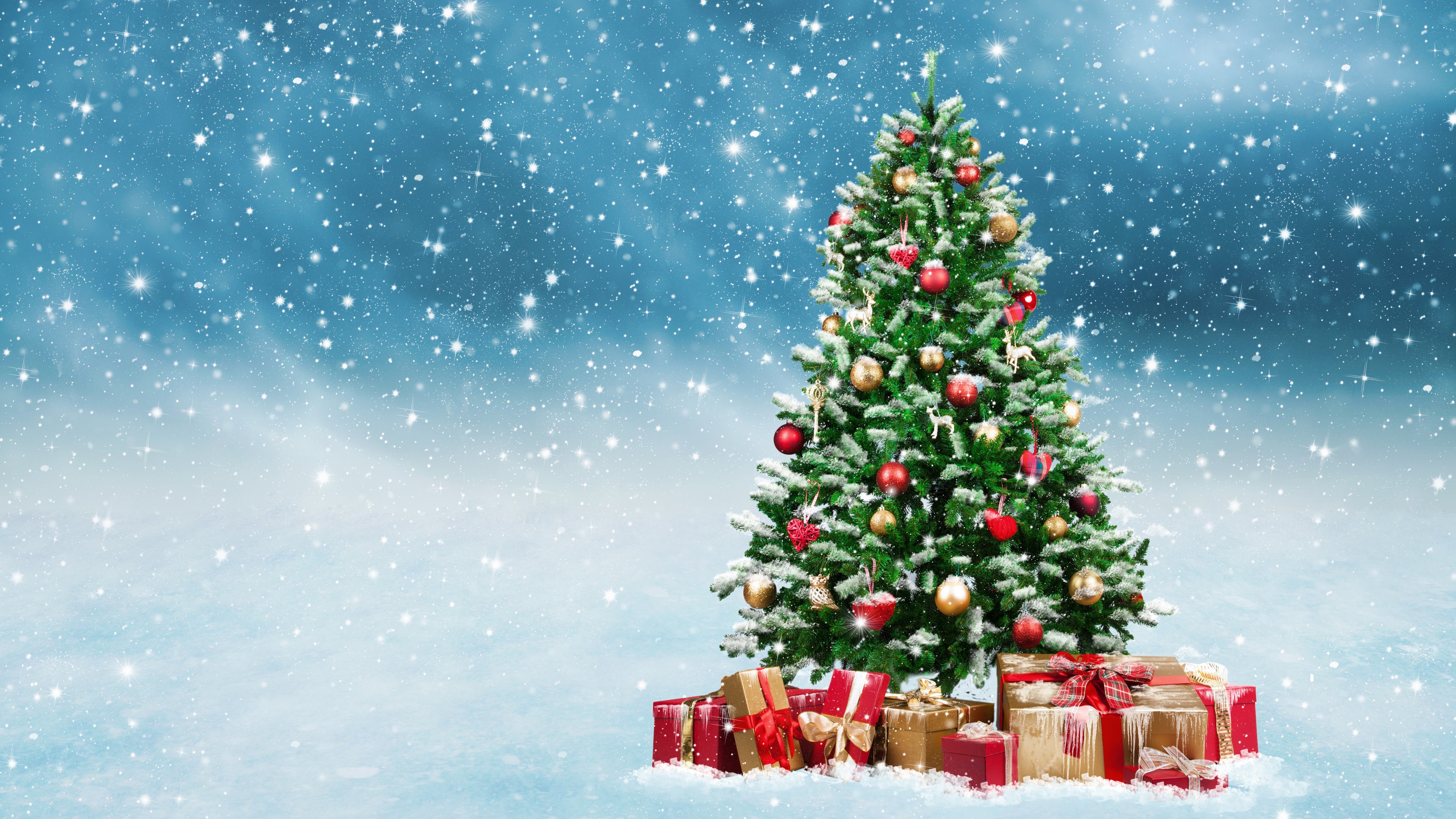 Christmas, New Year, gifts, fir-tree, snow, 4K, HD Wallpaper