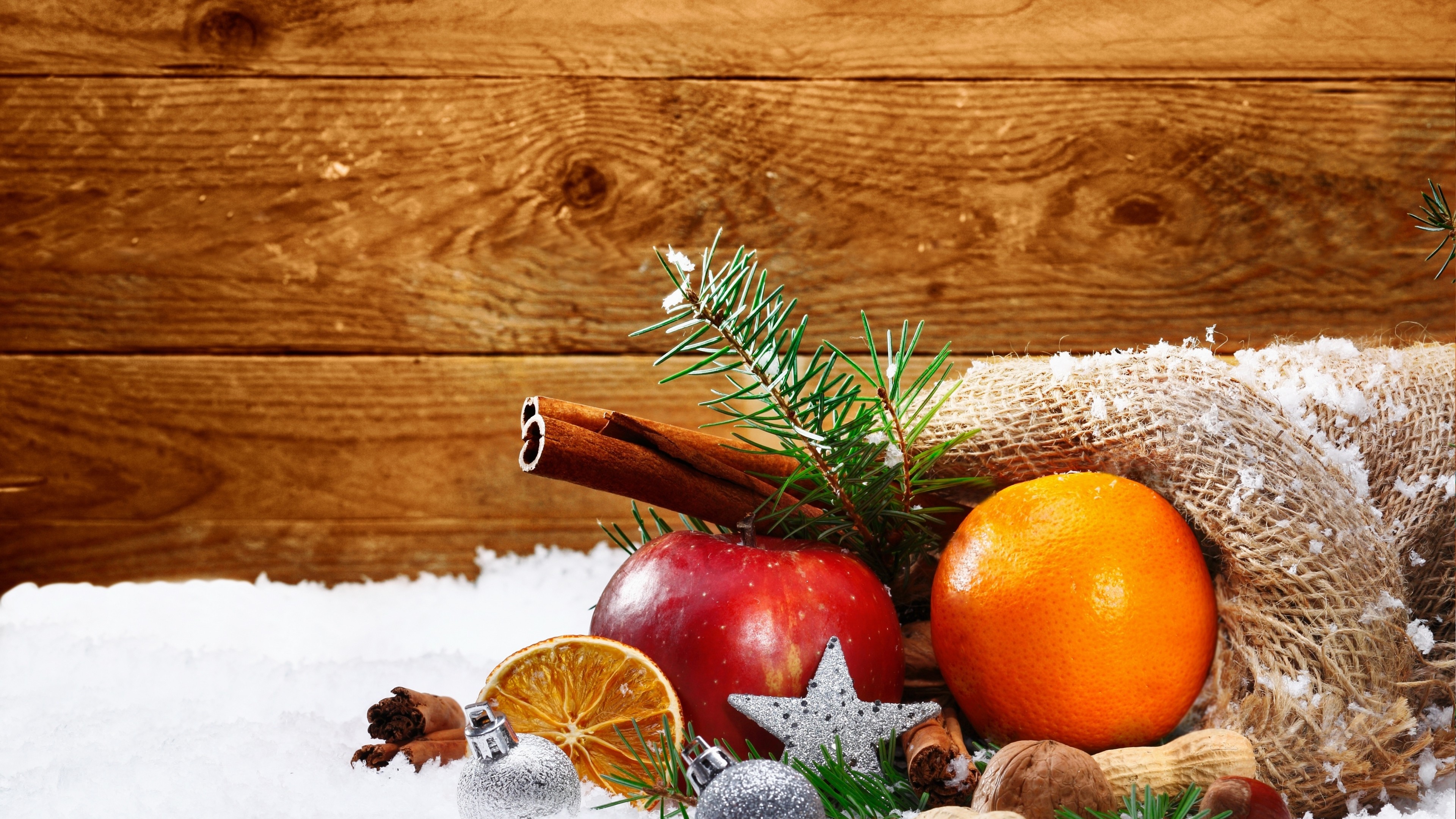 Christmas, New Year, snow, orange, apple, cinnamon, 4k, HD Wallpaper