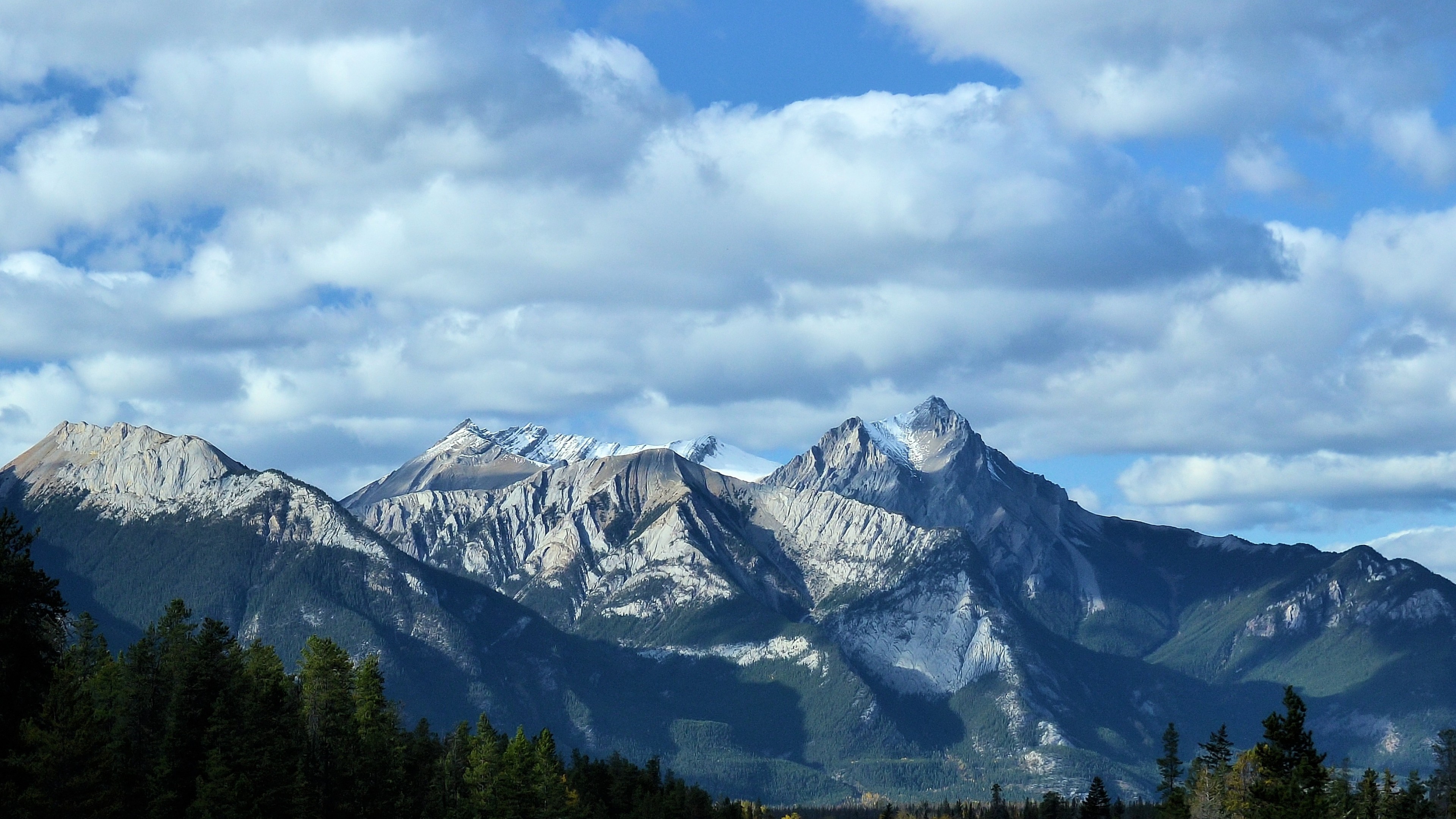 mountains, sky, clouds, trees, 4k, HD Wallpaper