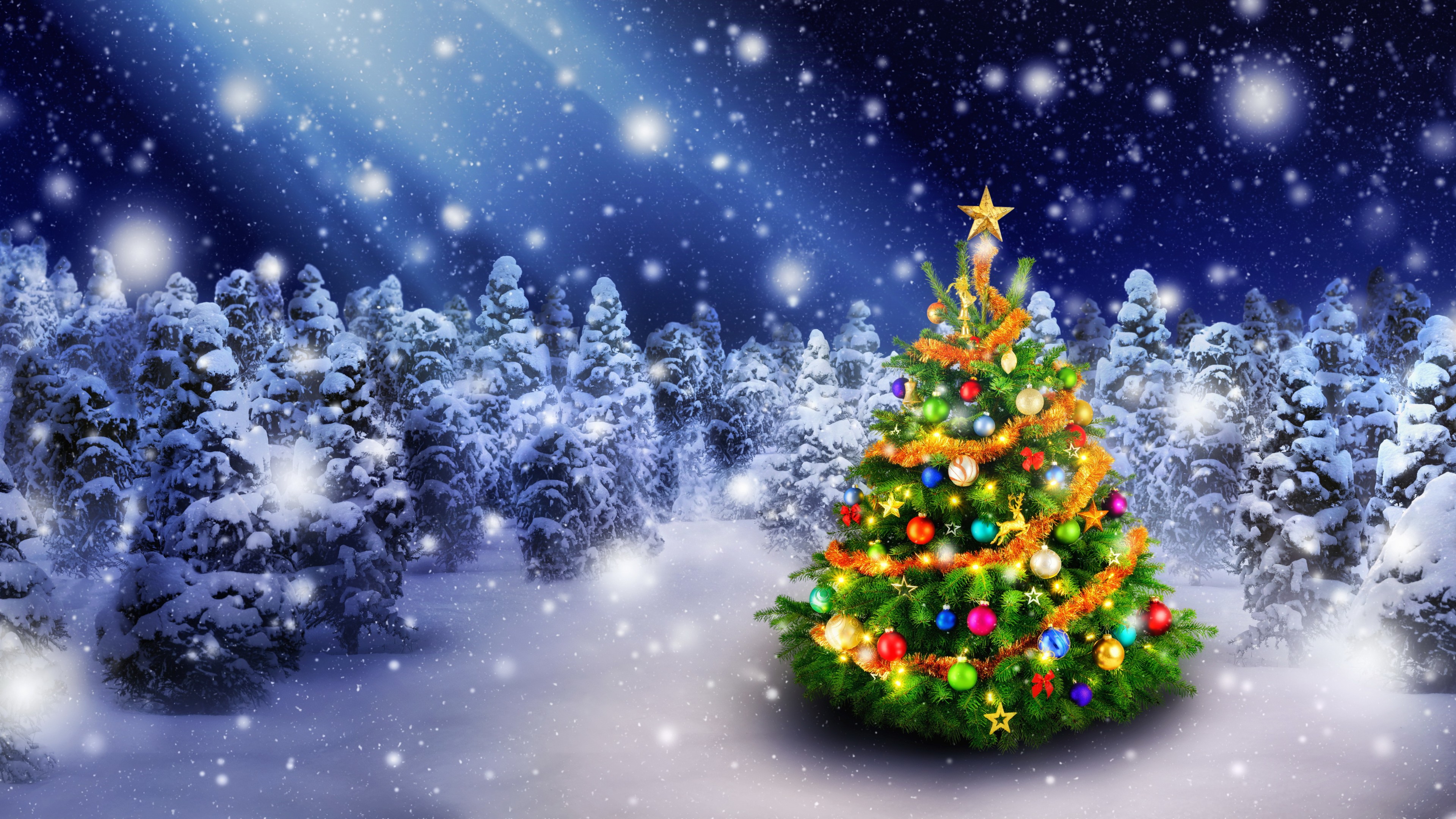 Christmas, New Year, snow, fir-tree, 4K, HD Wallpaper