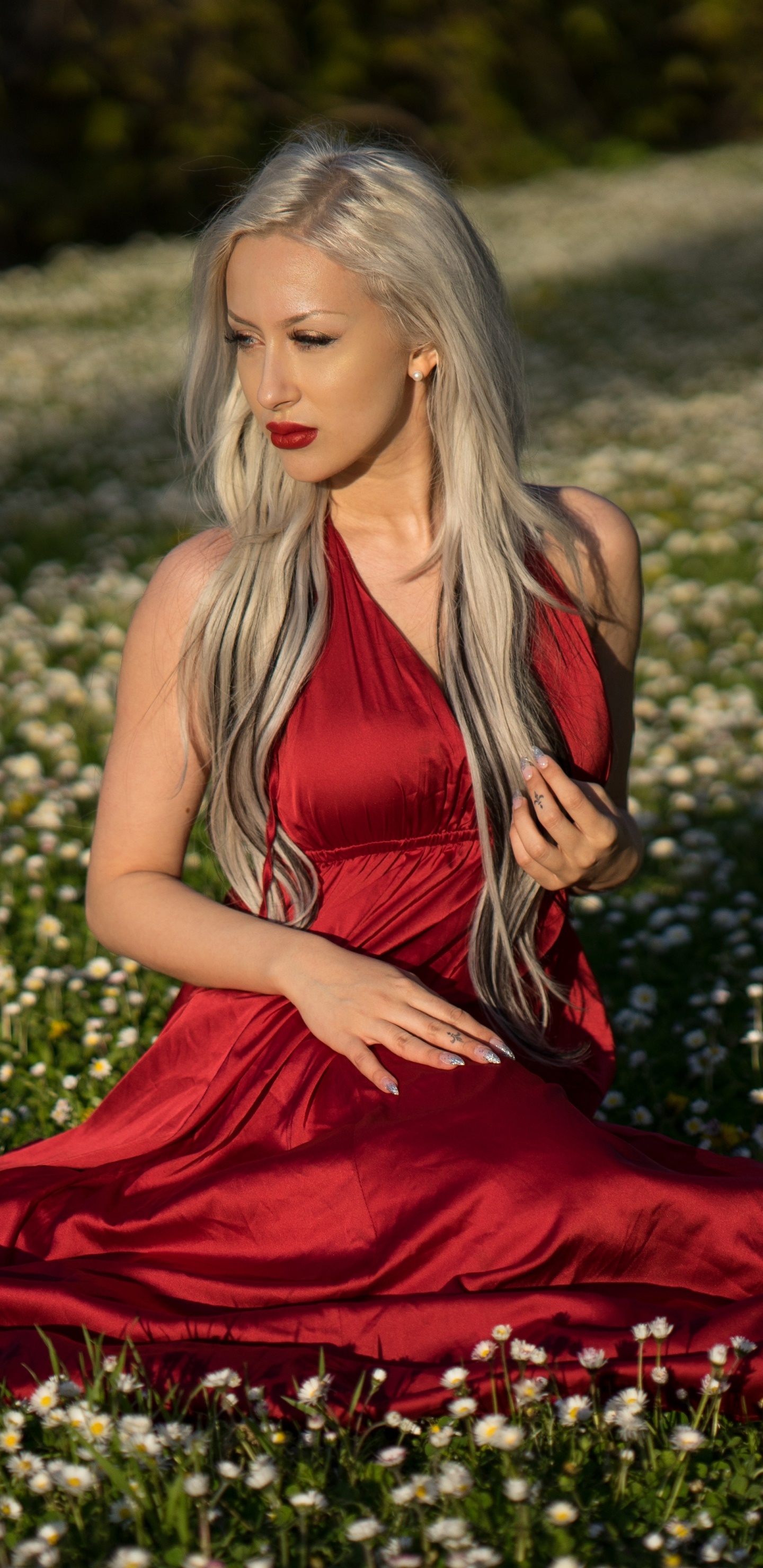Women Model, Blonde, Lipstick, Red Dress, 1440x2960, Phone HD Wallpaper