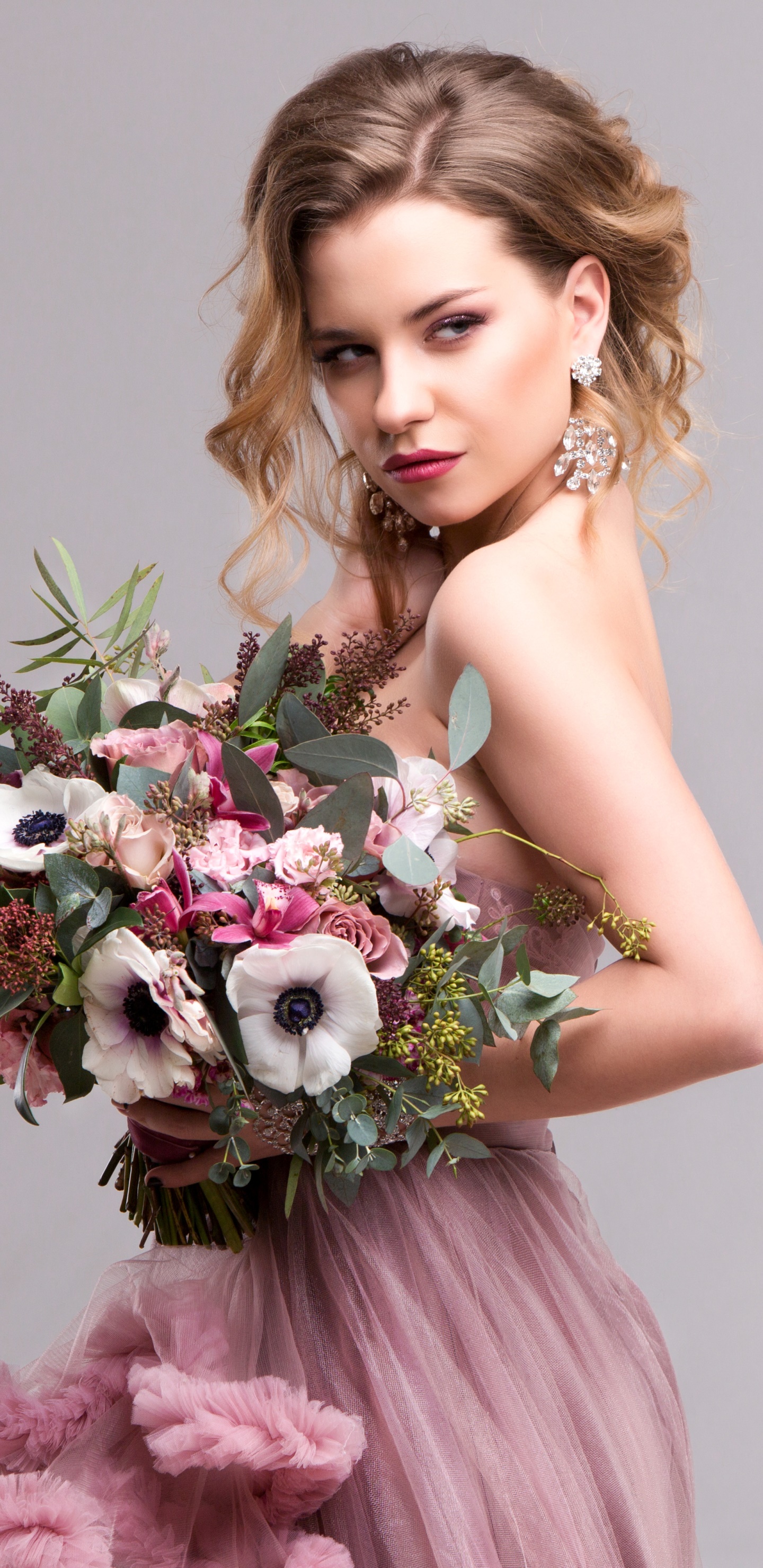 Women Model, Pink Dress, Flower, Brunette, Bouquet, Earrings, 1440x2960, Phone HD Wallpaper