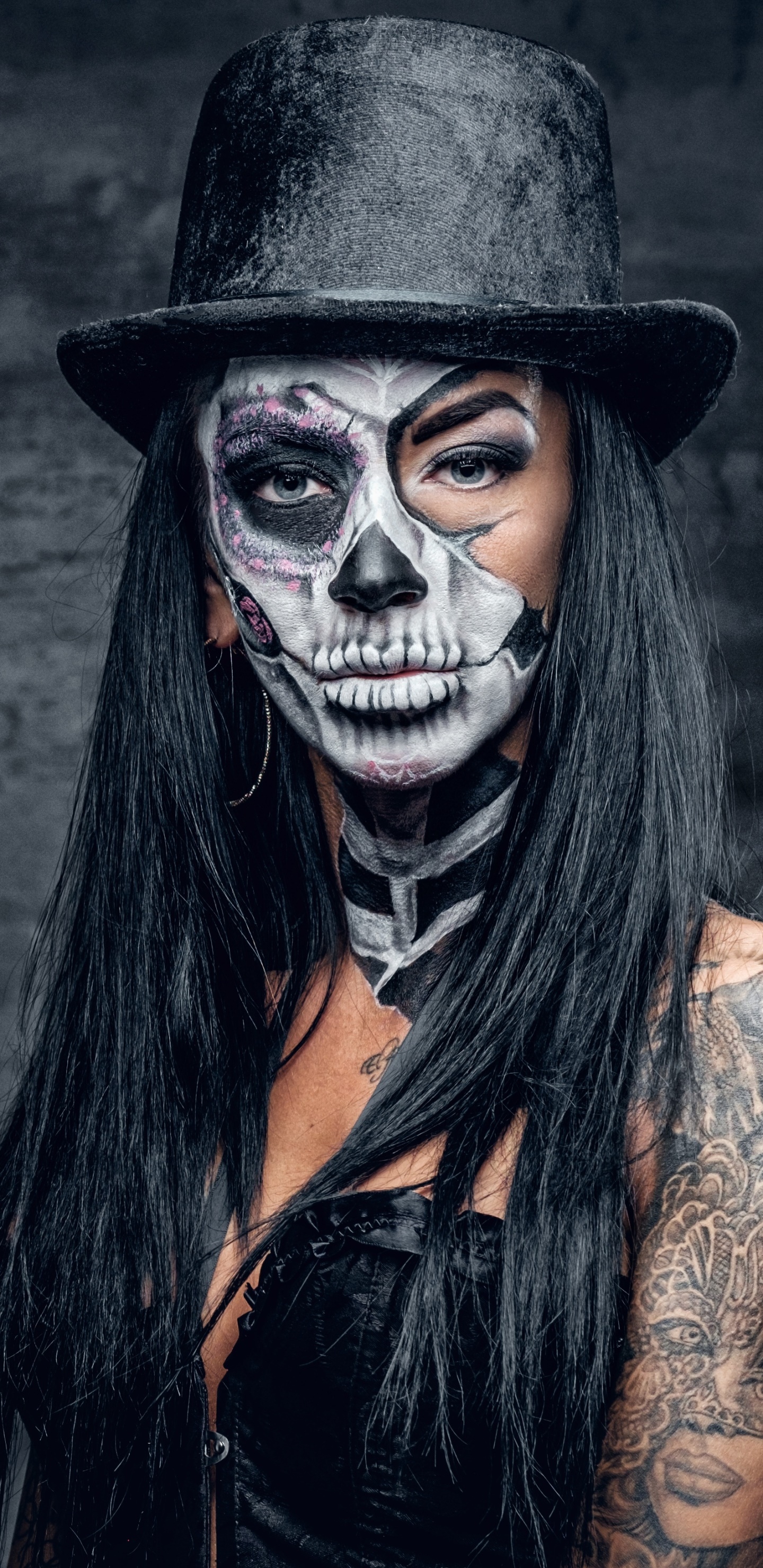 Women Tattoo, Blue Eyes, Sugar Skull, Hat, Makeup, 1440x2960, Phone HD Wallpaper