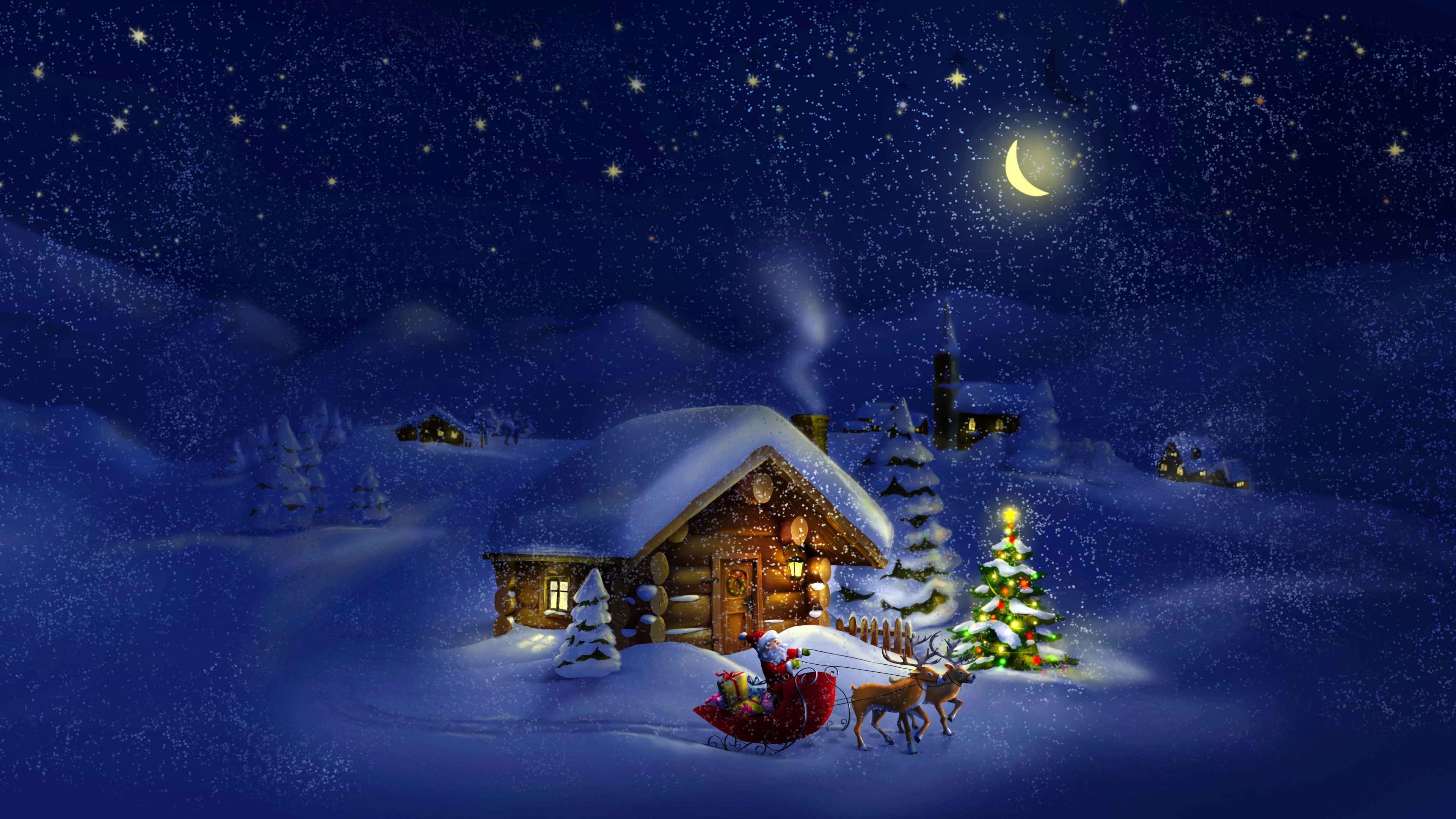 Christmas, New Year, Santa, deer, moon, night, winter, house, snow, 4k, HD Wallpaper