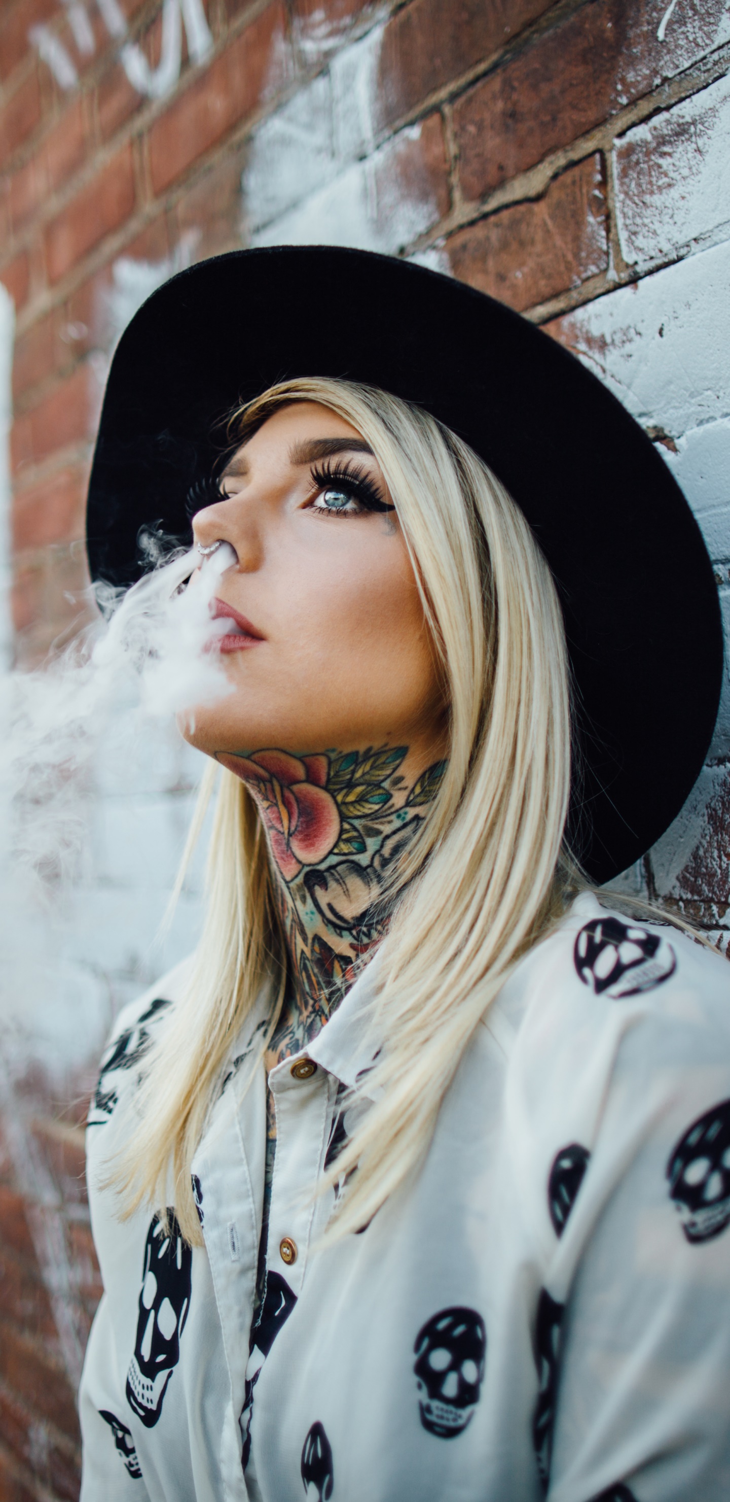 Women Tattoo, Blonde, Smoke, Model, Hat, 1440x2960, Phone HD Wallpaper