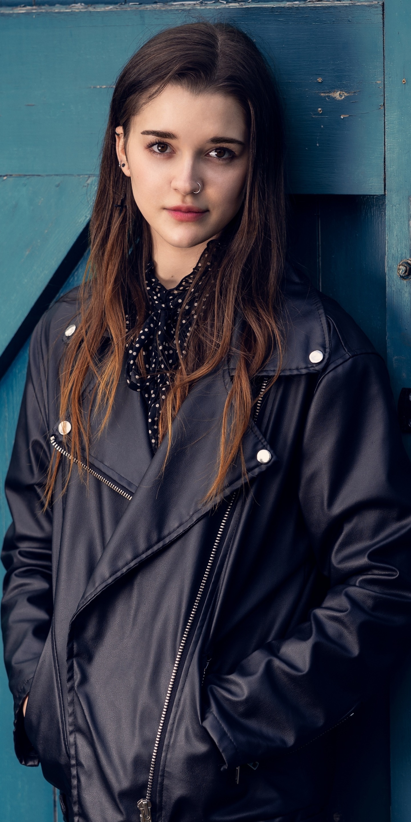 Women Model, Brunette, Brown Eyes, Leather Jacket, 1440x2880, Phone HD Wallpaper