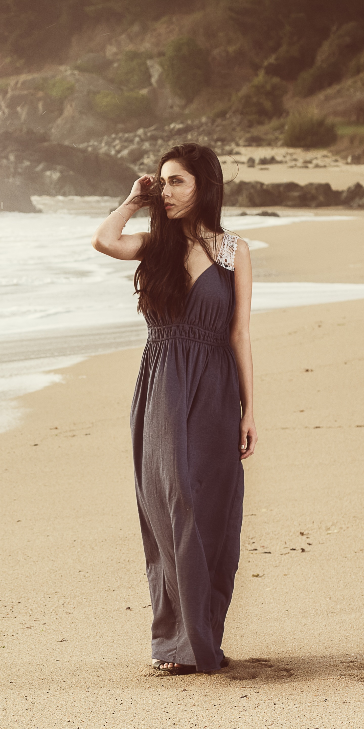 Women Model, Dress, Sand, Brunette, Mood, Beach, 1440x2880, Phone HD Wallpaper
