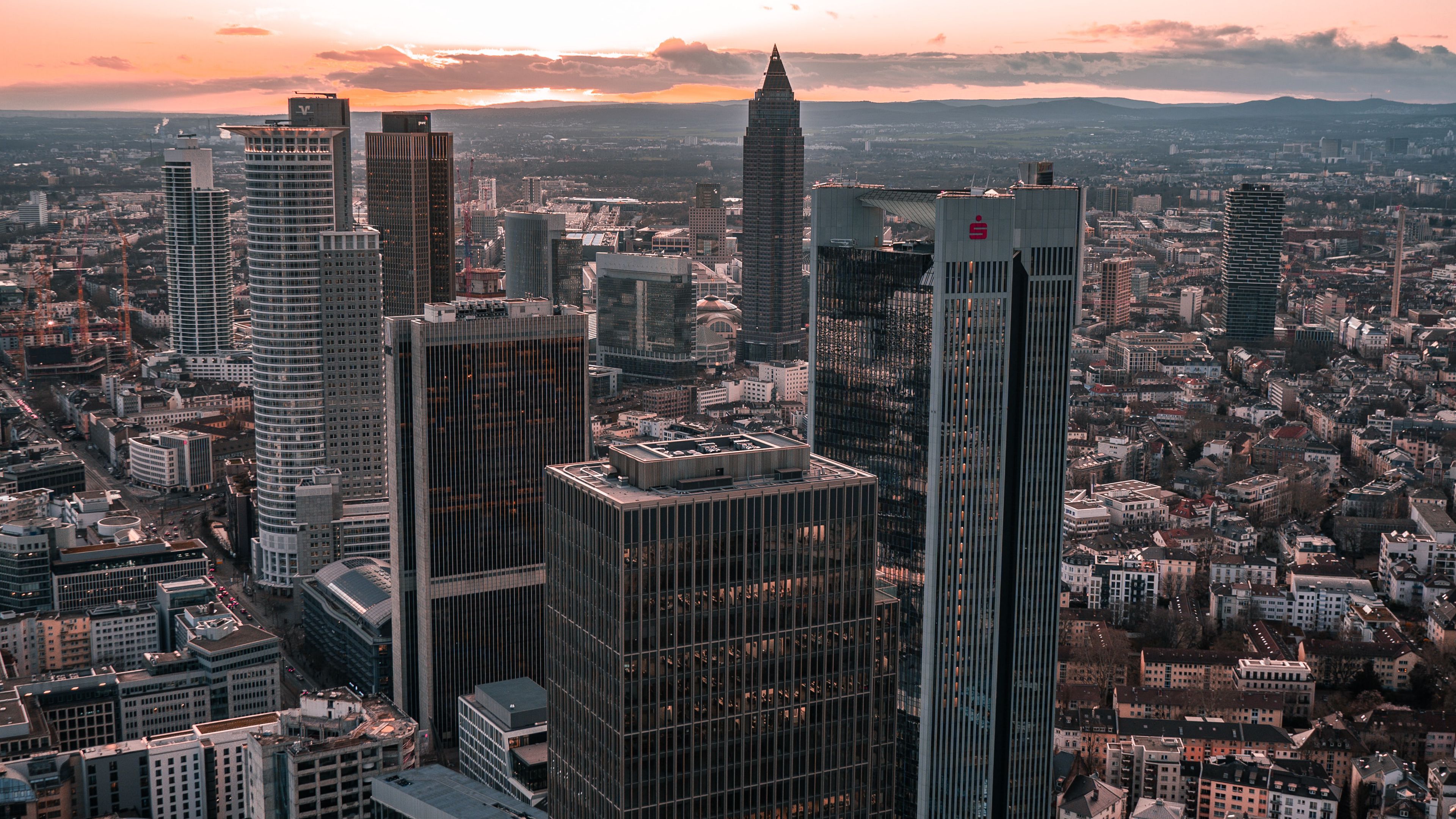 city, sunset, clouds, aerial view, 4k, HD Wallpaper