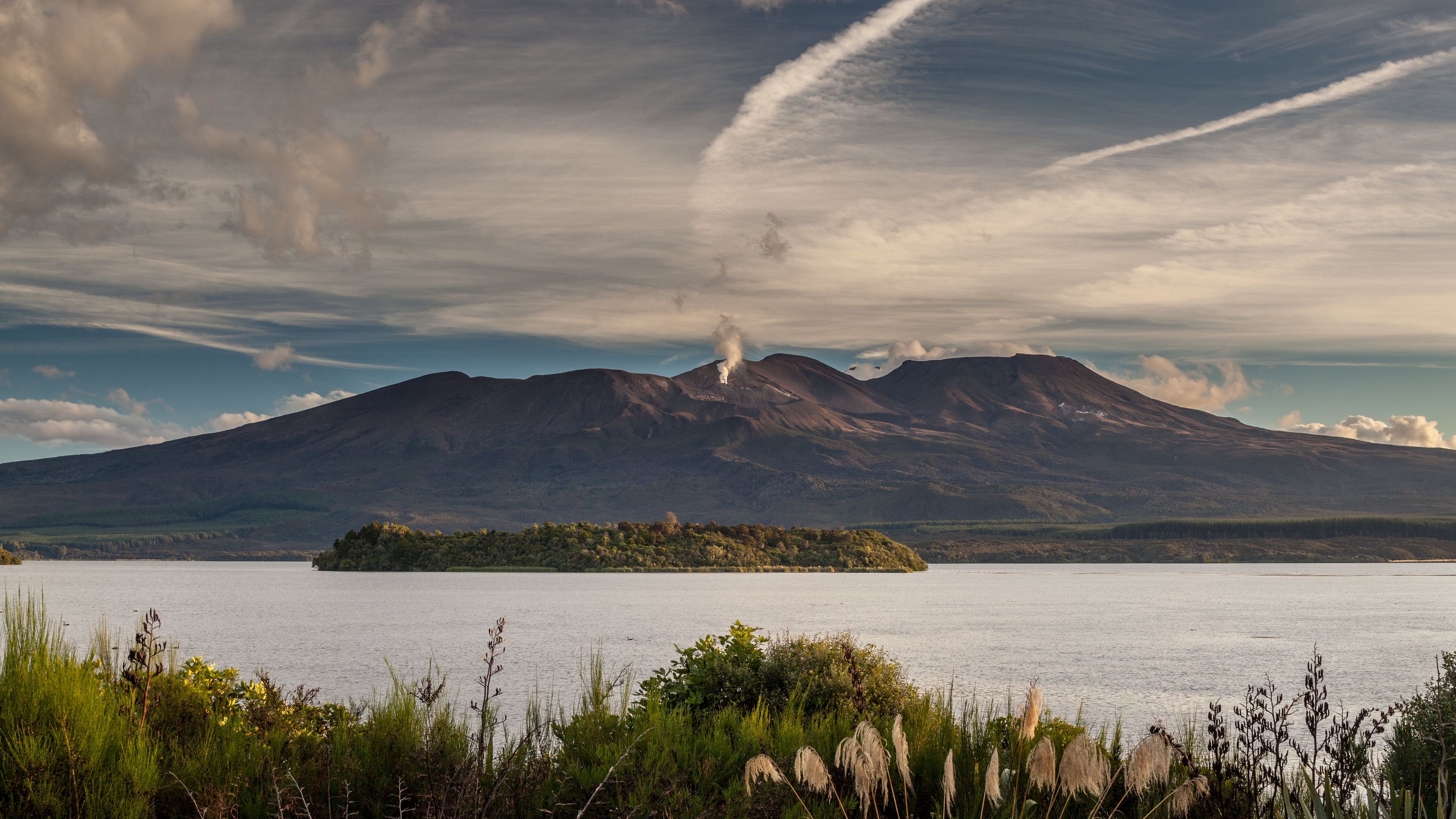 volcano, mountains, grass, sea, 4k, HD Wallpaper