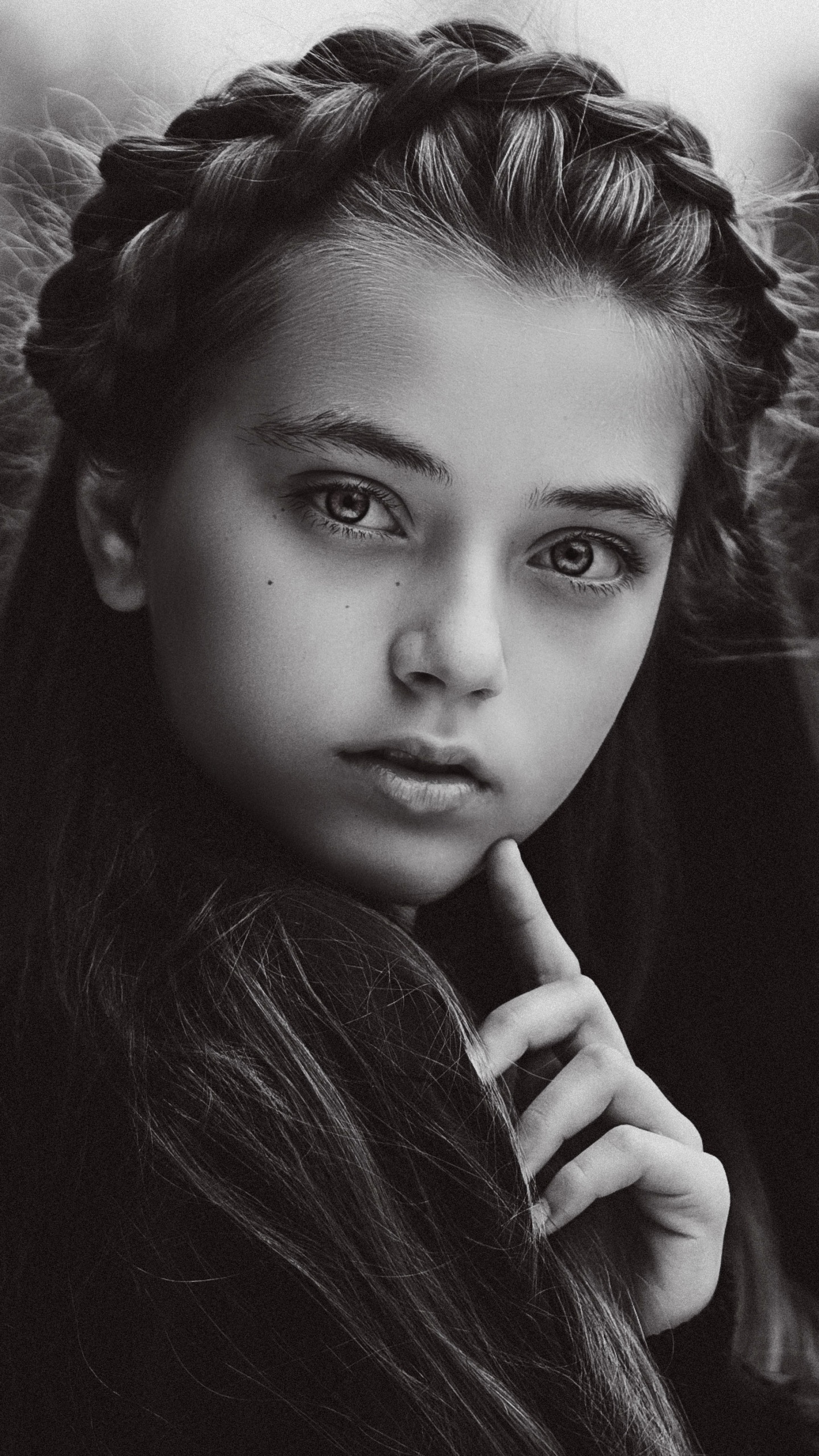 Women Model, Braid, Black and White, Monochrome, Face, 1440x2560, Phone HD Wallpaper
