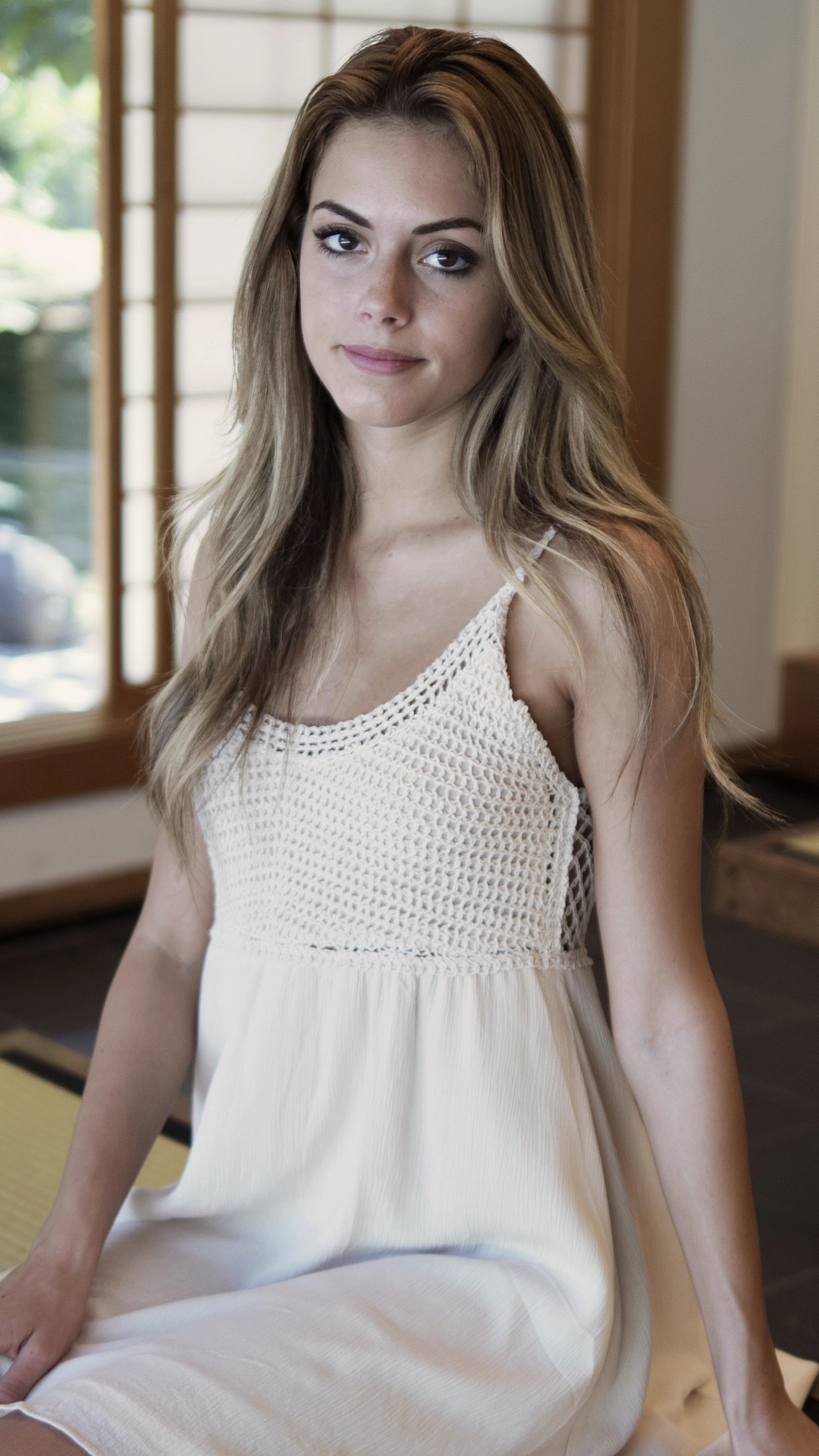Women Model, Brown Eyes, Blonde, White Dress, 1440x2560, Phone HD Wallpaper
