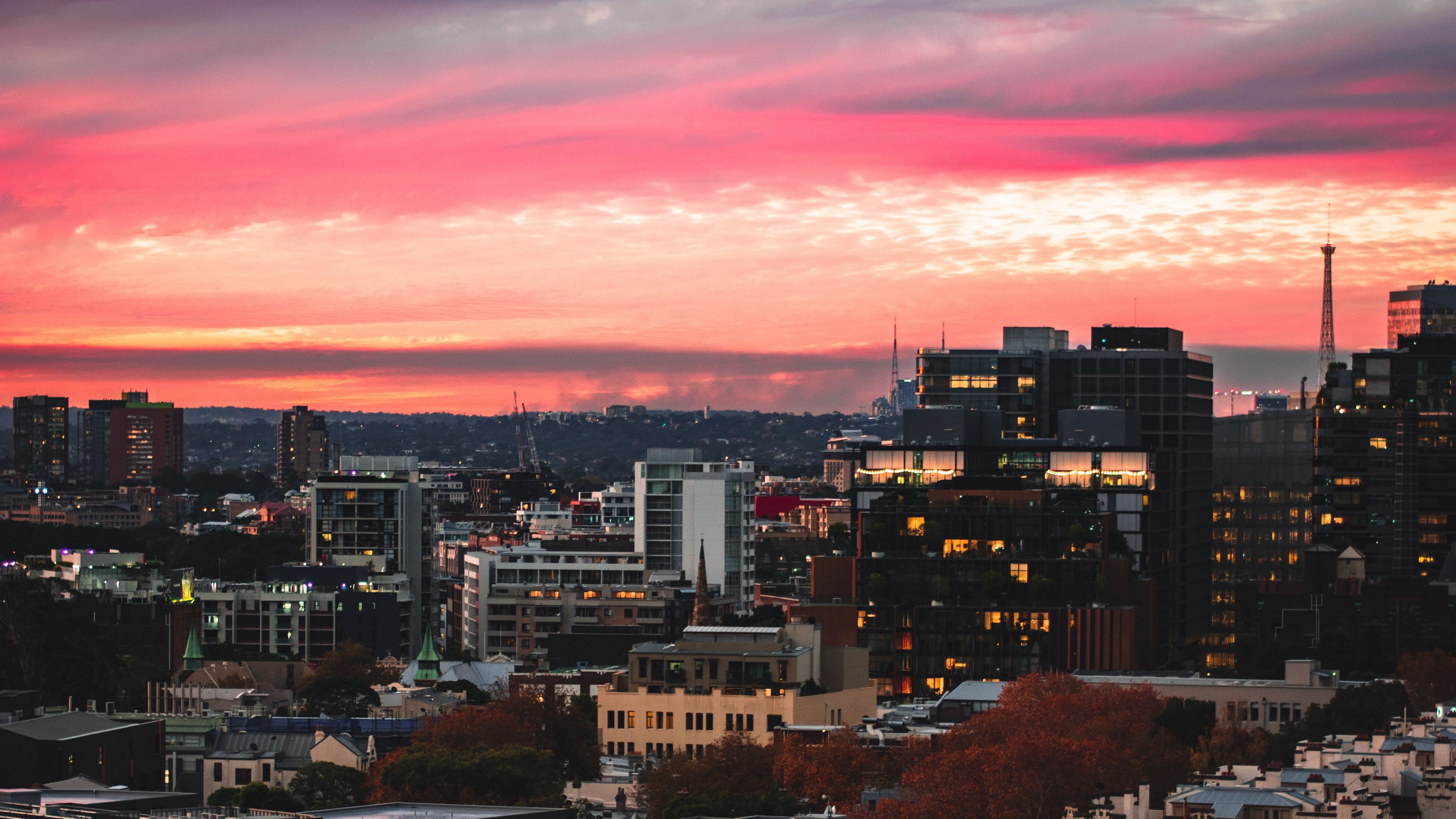 buildings, city, roofs, sunset, 4k, HD Wallpaper