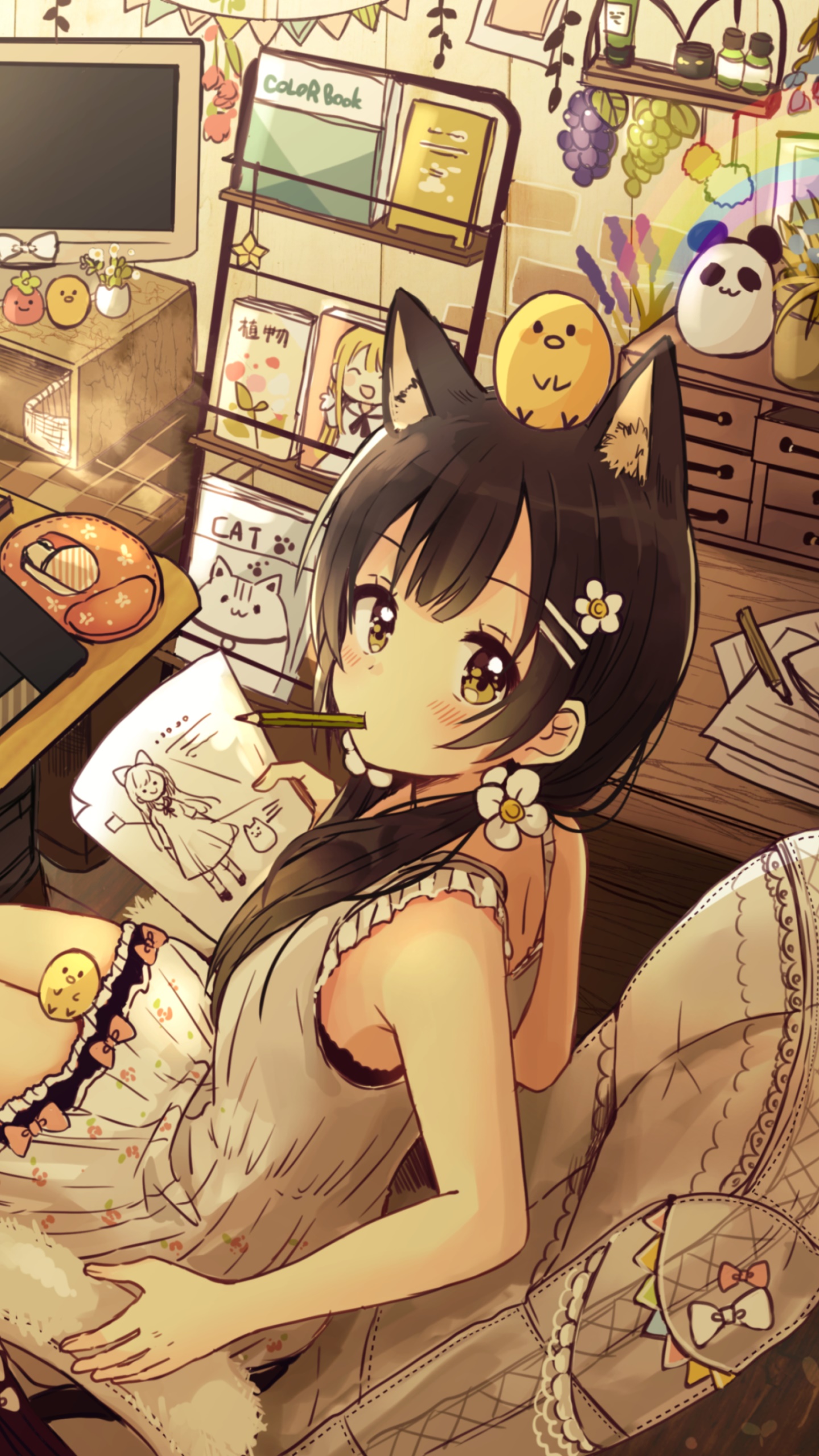 Anime Original, Black Hair, Cat Girl, Long Hair, Chick, Brown Eyes, 1440x2560, Phone HD Wallpaper