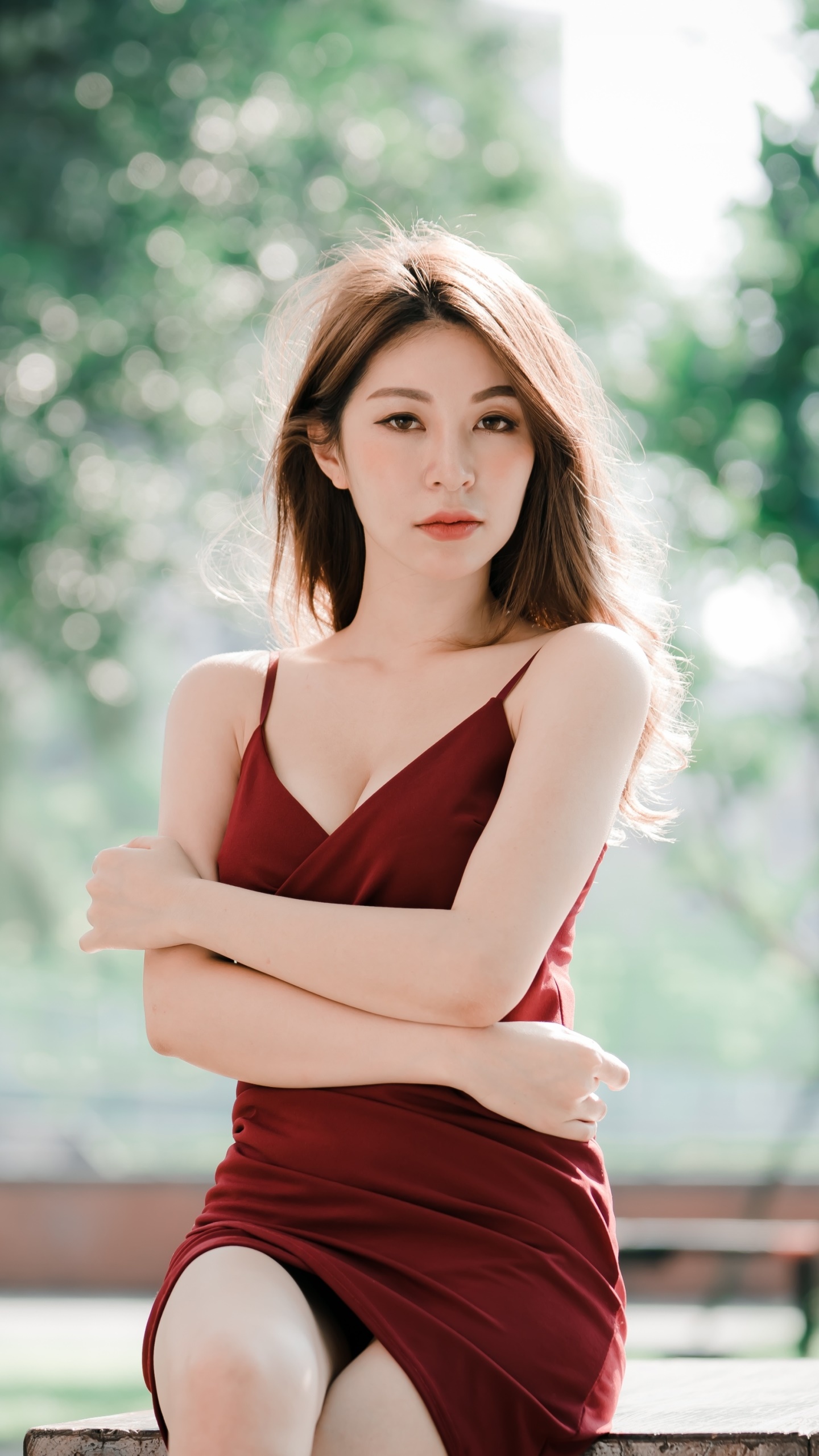 Women Model, Red Dress, Brunette, Asian, Depth Of Field, 1440x2560, Phone HD Wallpaper