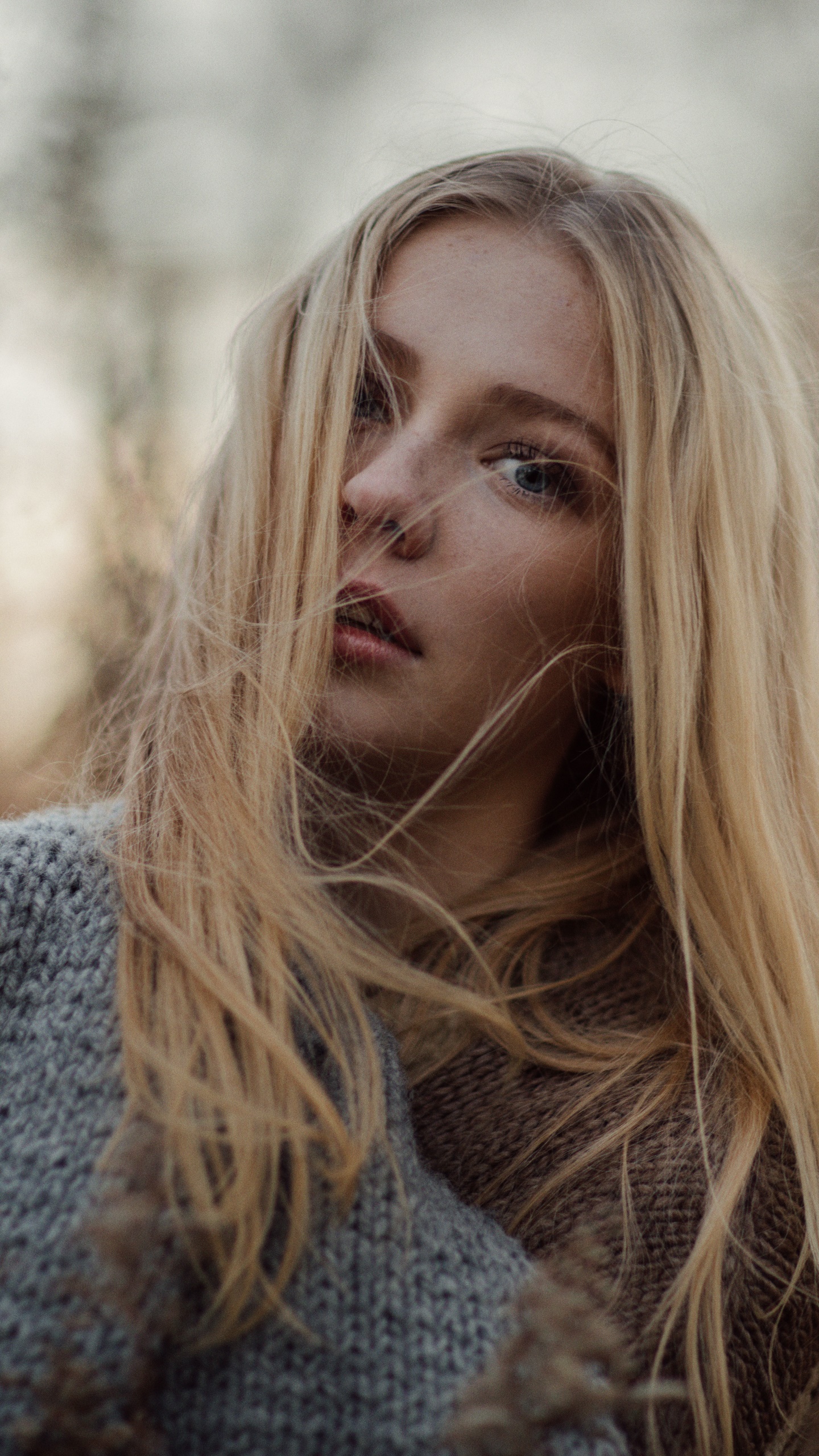 Women Model, Scarf, Blonde, Blue Eyes, Bokeh, 1440x2560, Phone HD Wallpaper