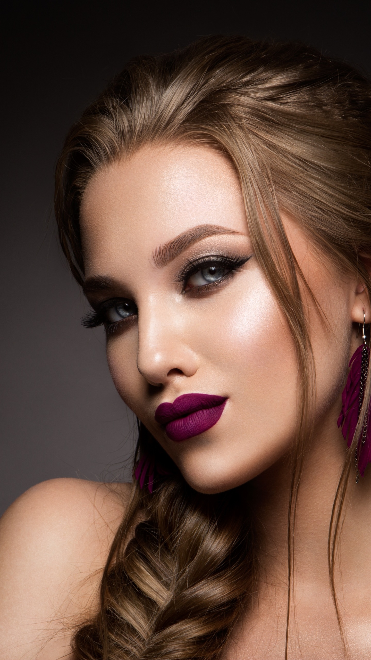Women Model, Blue Eyes, Braid, Lipstick, Brunette, 1440x2560, Phone HD Wallpaper