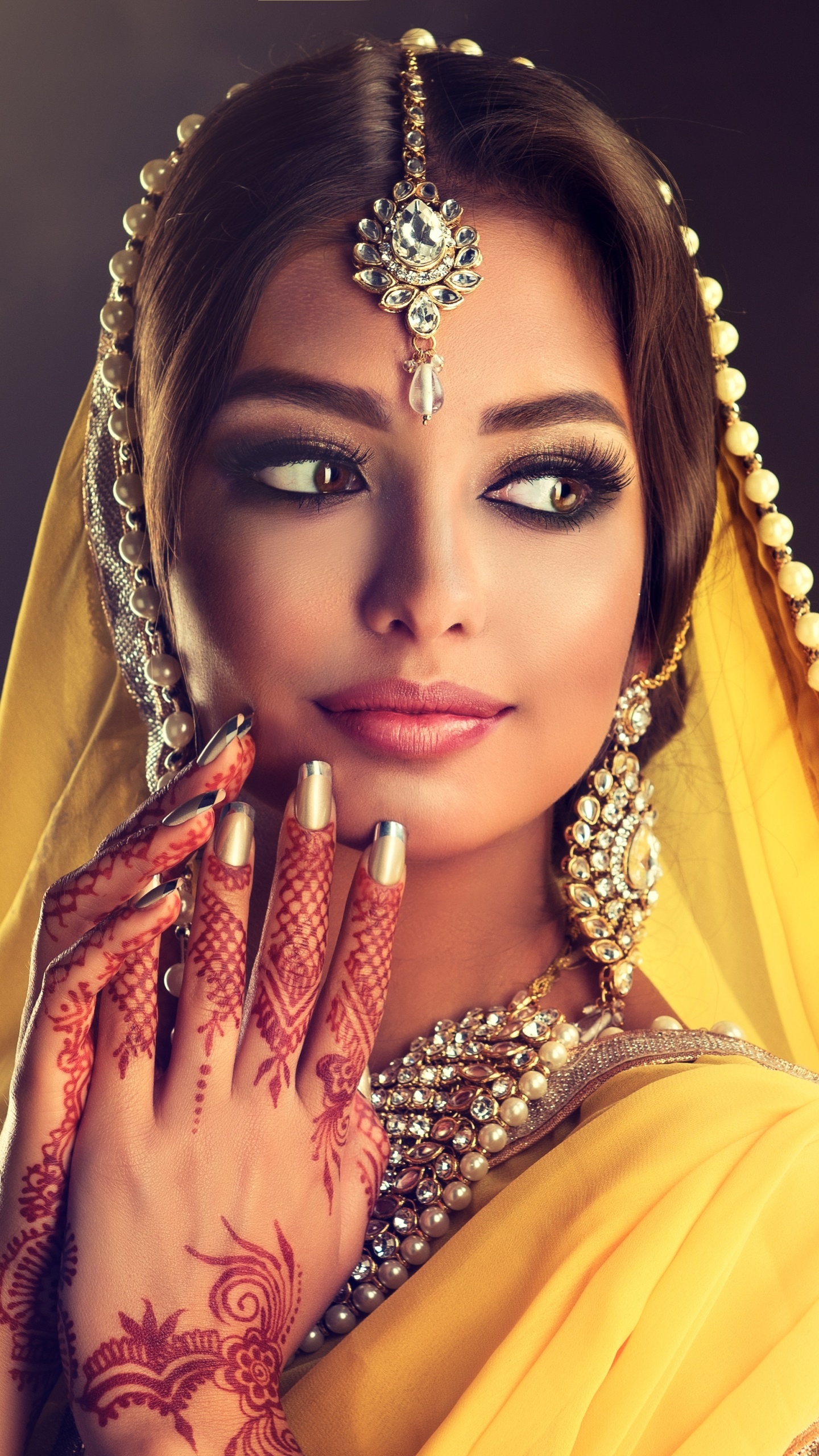 Women Model, Brunette, Brown Eyes, Earrings, Saree, Jewelry, 1440x2560, Phone HD Wallpaper