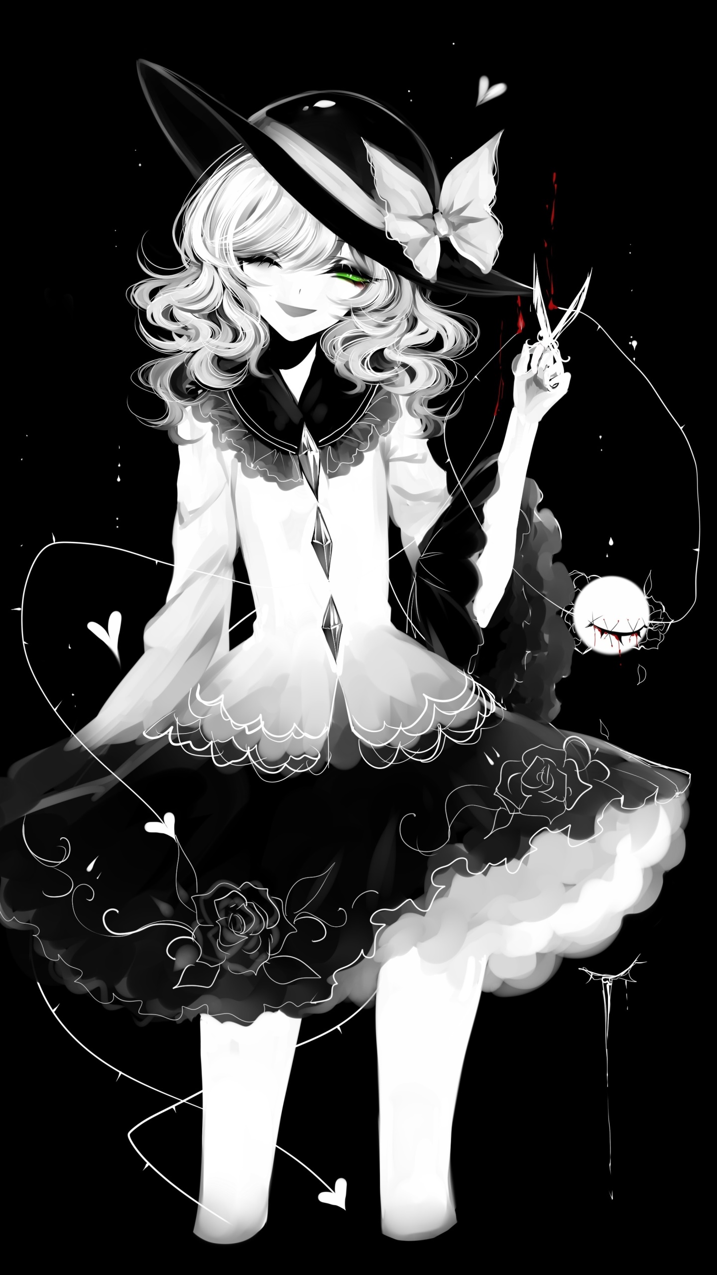 Anime Touhou, Monochrome, Koishi Komeiji, 1440x2560, Phone HD Wallpaper