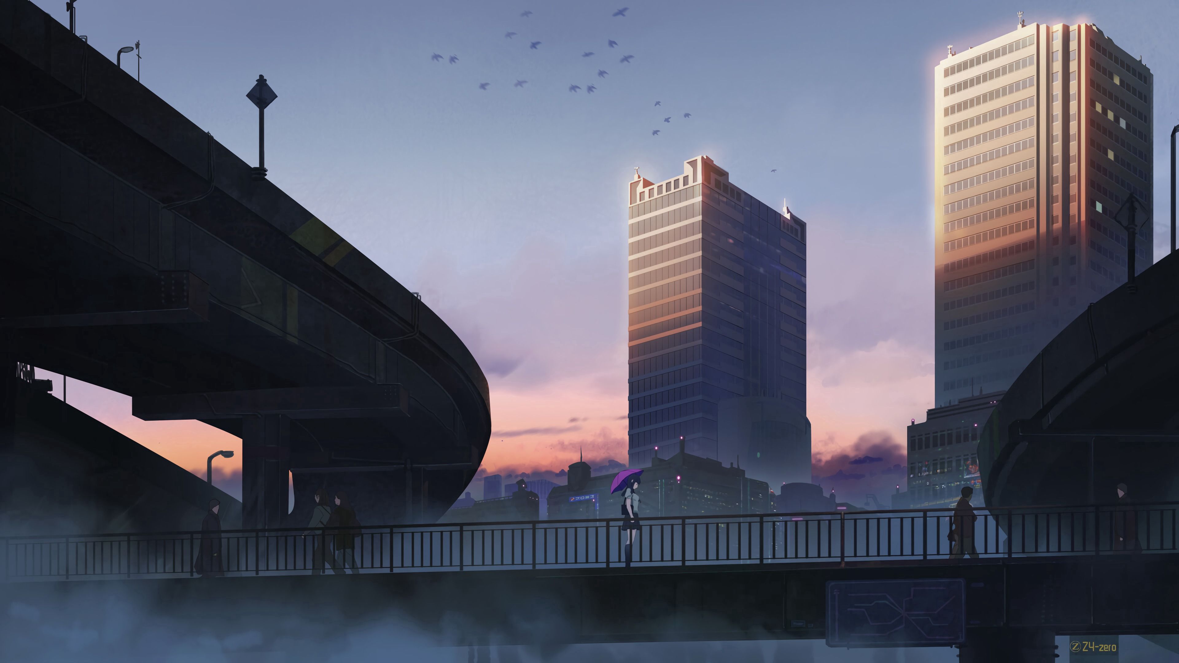city, girl, umbrella, bridge, 4k, HD Wallpaper