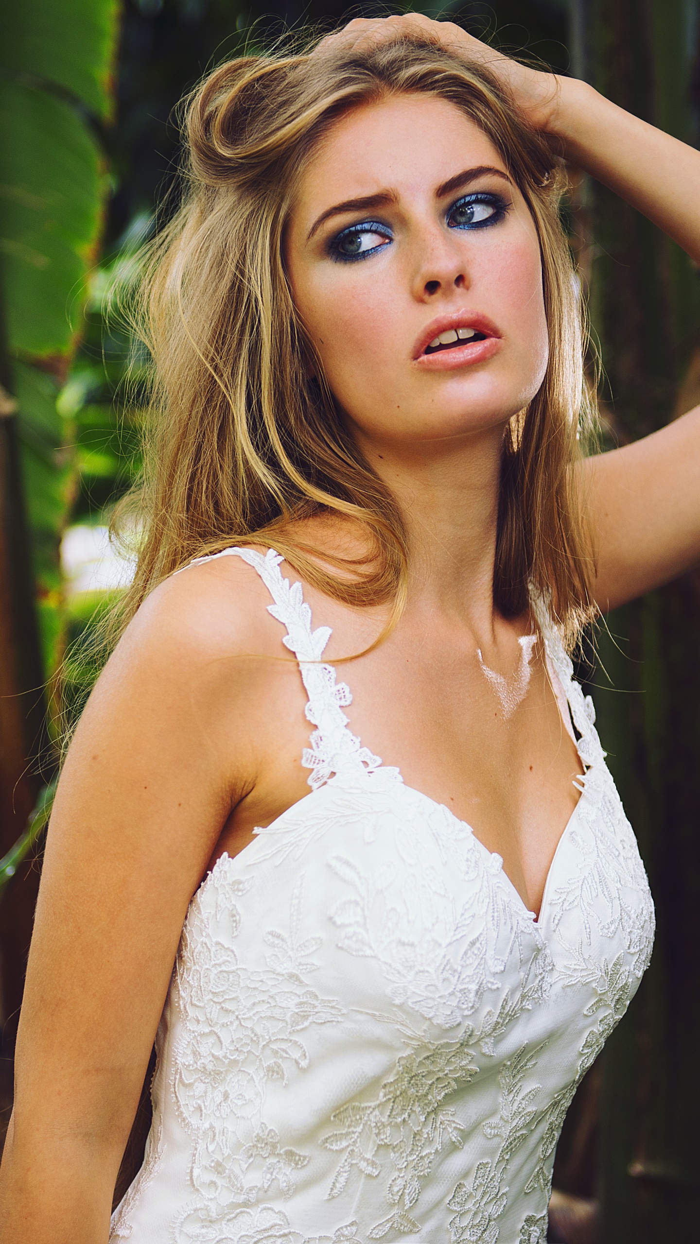 Women Model, Blonde, Blue Eyes, White Dress, 1440x2560, Phone HD Wallpaper