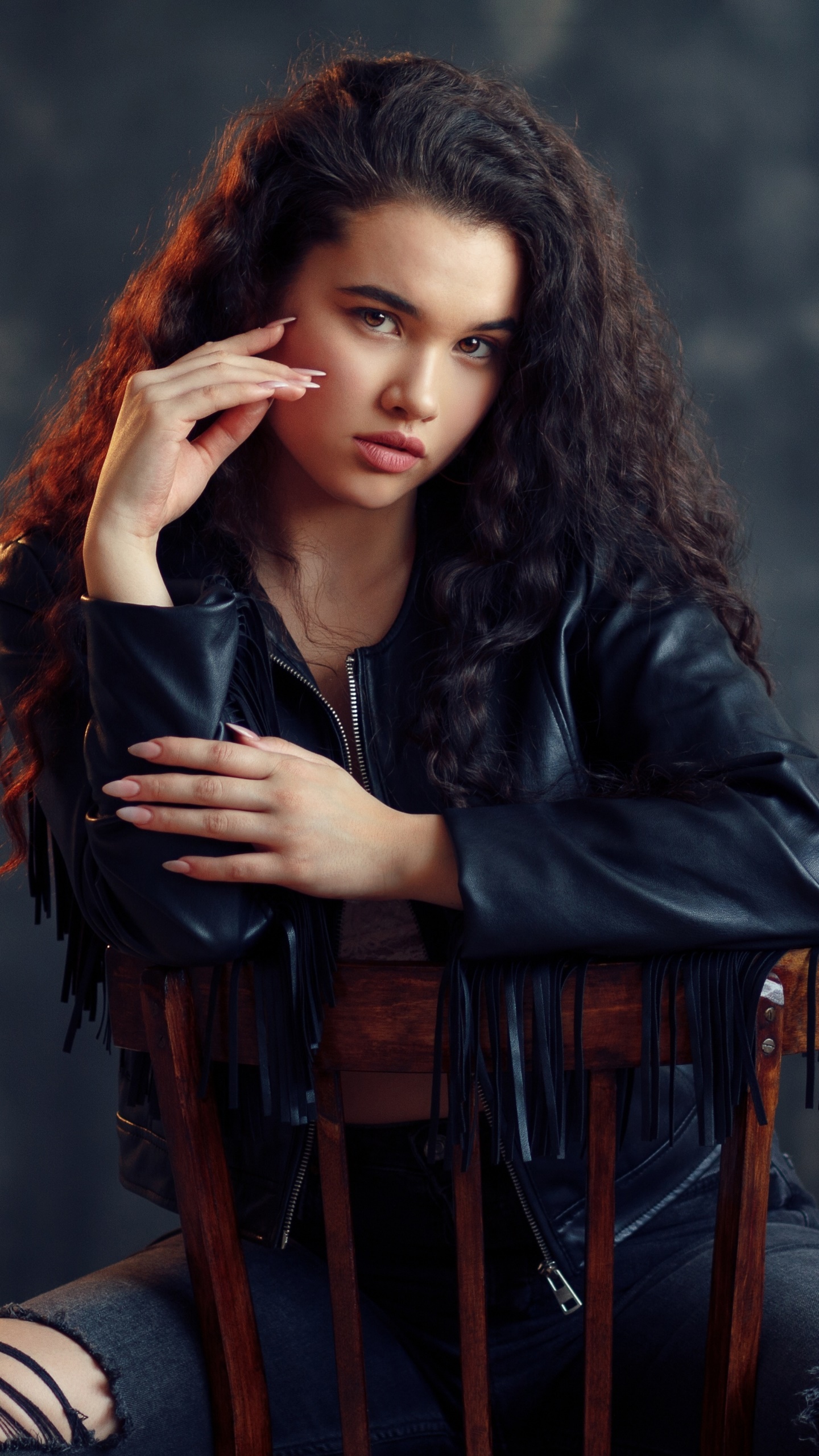 Women Model, Black Hair, Leather Jacket, 1440x2560, Phone HD Wallpaper