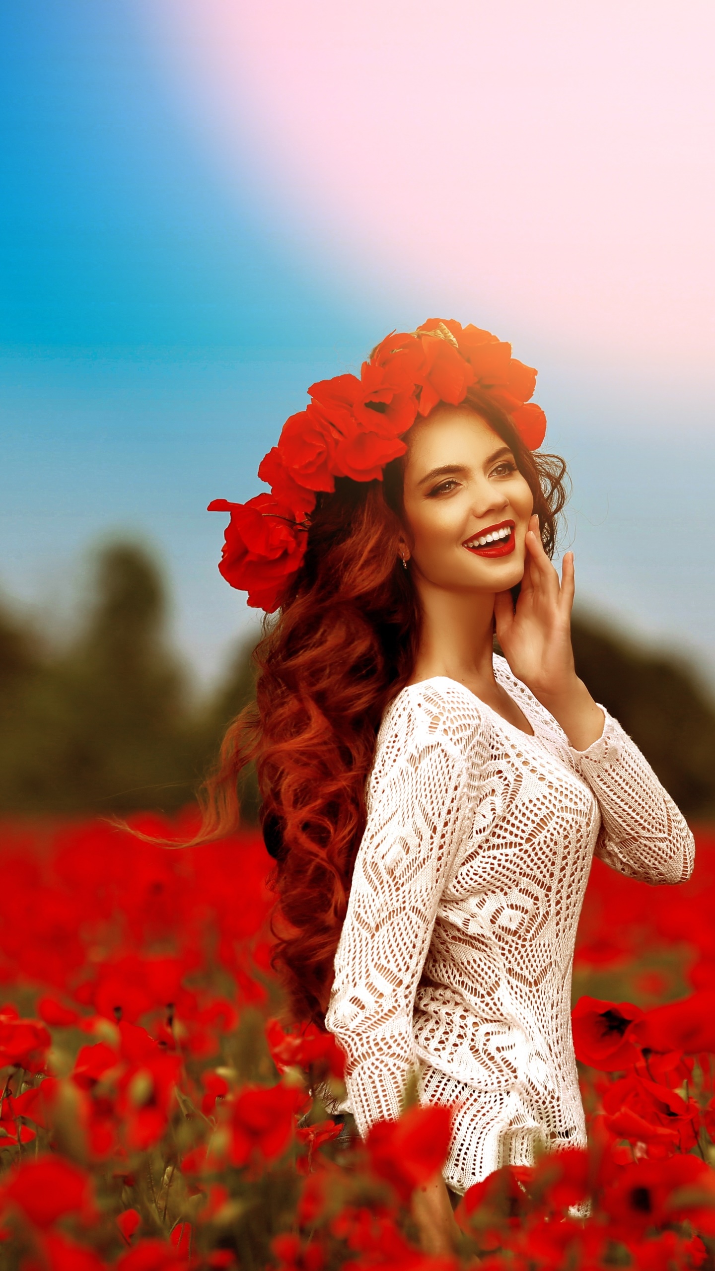 Women Model, Field, Lipstick, Blur, Poppy, Red Flower, 1440x2560, Phone HD Wallpaper