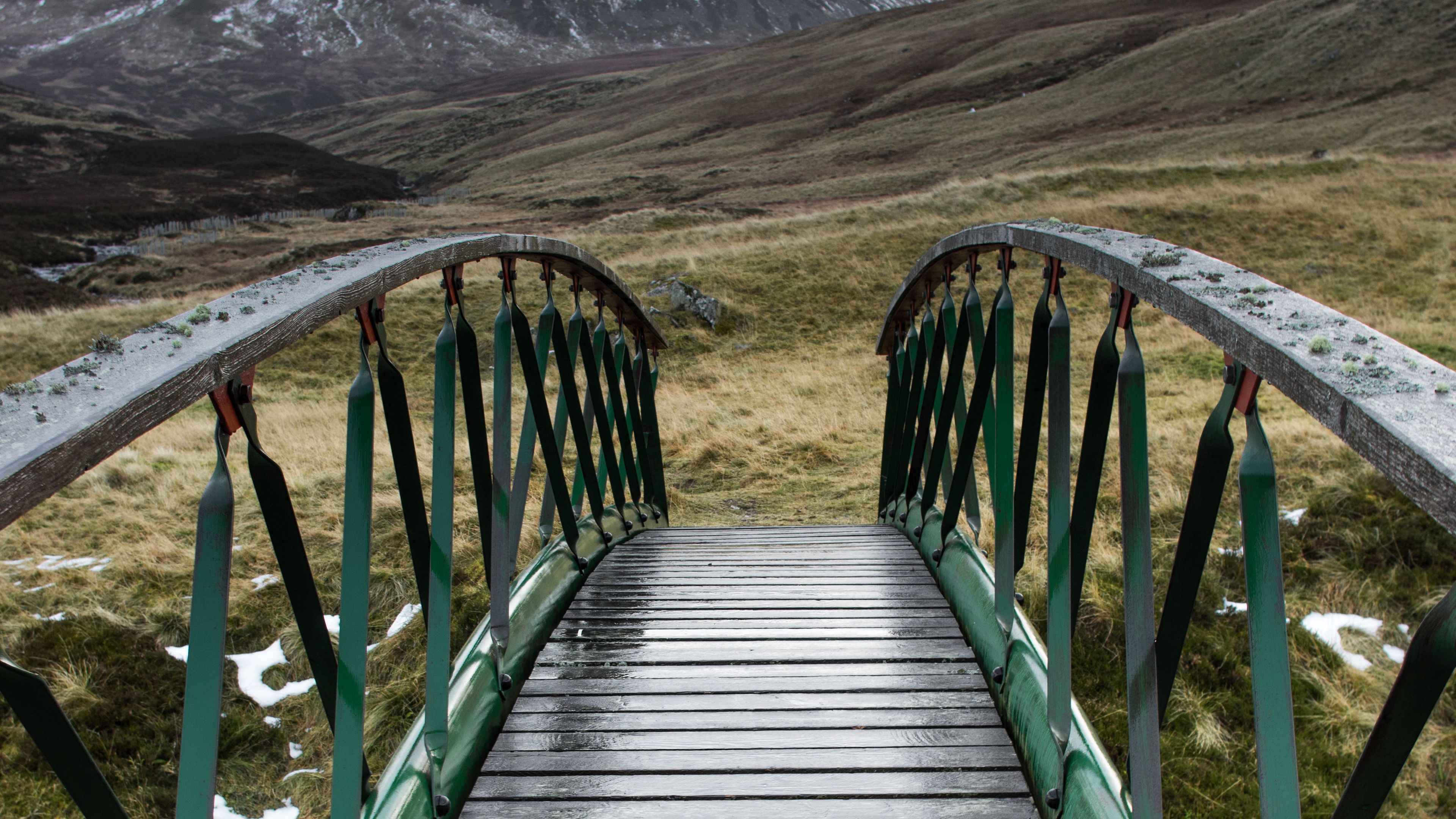 bridge, mountains, fog, 4k, HD Wallpaper