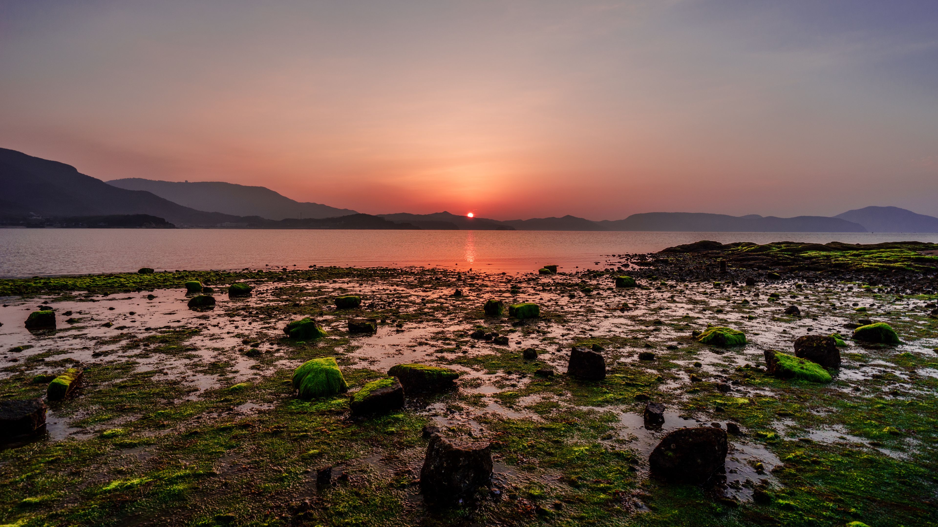 sunset, stones, mountains, horizon, 4k, HD Wallpaper