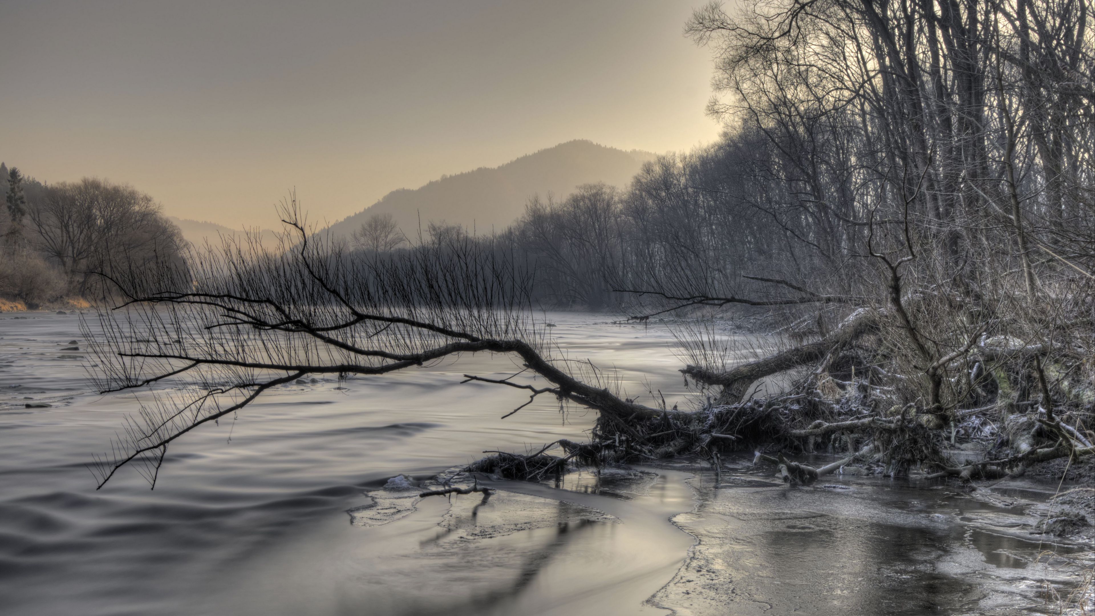 mountains, river, snow, snag, 4k, HD Wallpaper