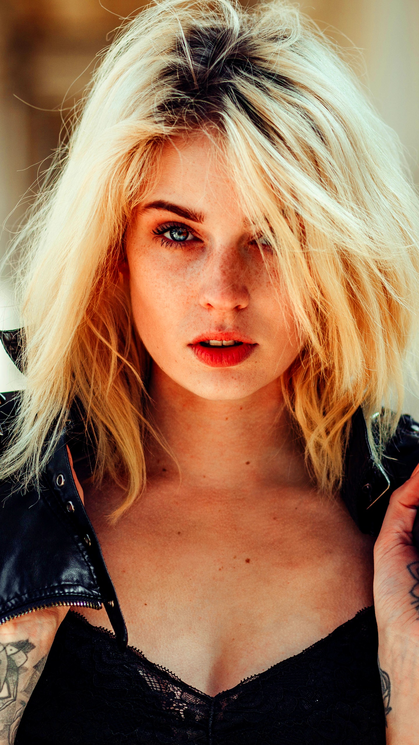 Women Model, Blue Eyes, Blonde, Tattoo, Depth Of Field, 1440x2560, Phone HD Wallpaper