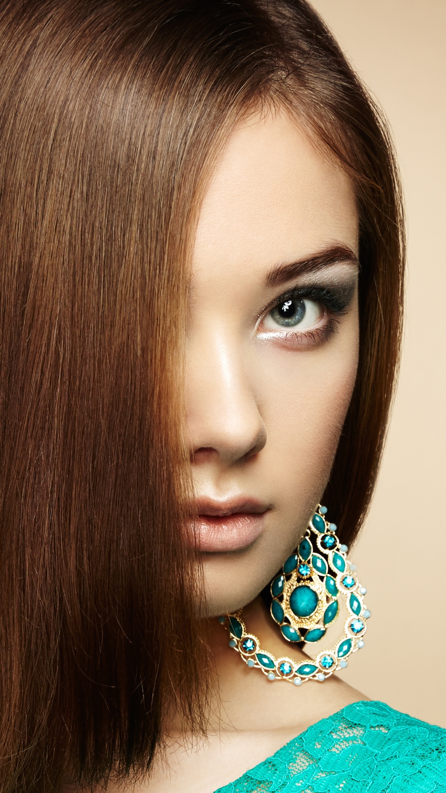 Women Model, Face, Blue Eyes, Brunette, Hair, Earrings, 1440x2560, Phone HD Wallpaper