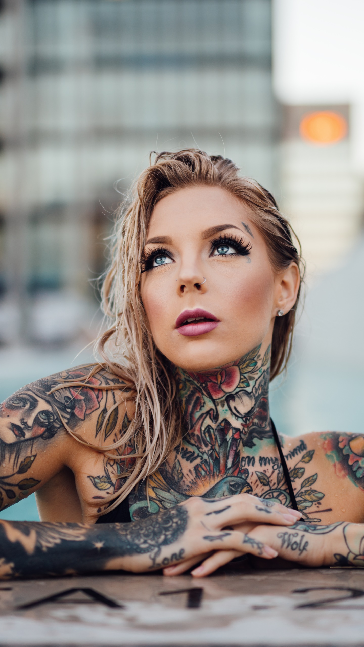 Women Tattoo, Blonde, Blue Eyes, Model, 1440x2560, Phone HD Wallpaper
