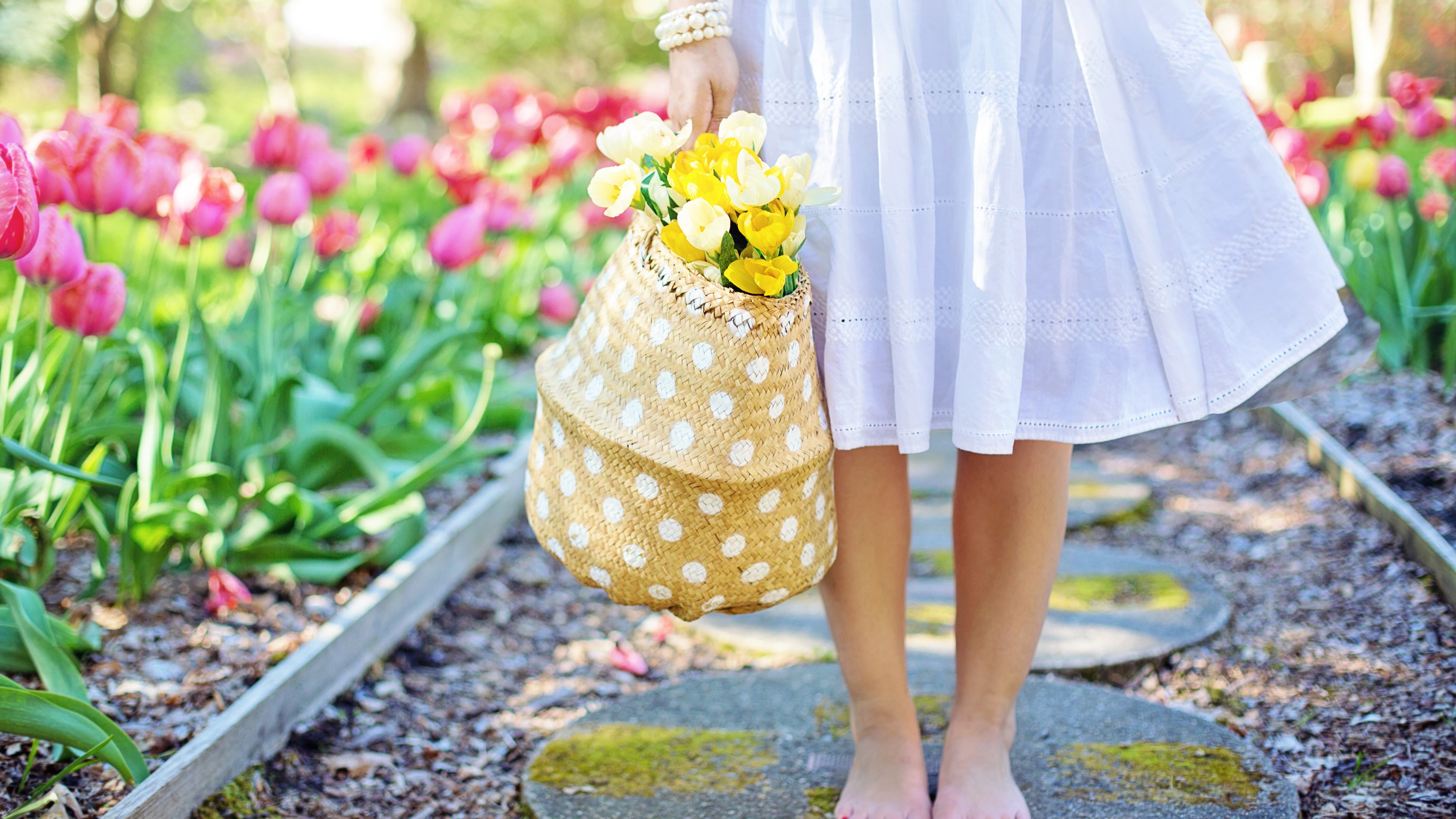tulips, girl, flowers, 4K, HD Wallpaper