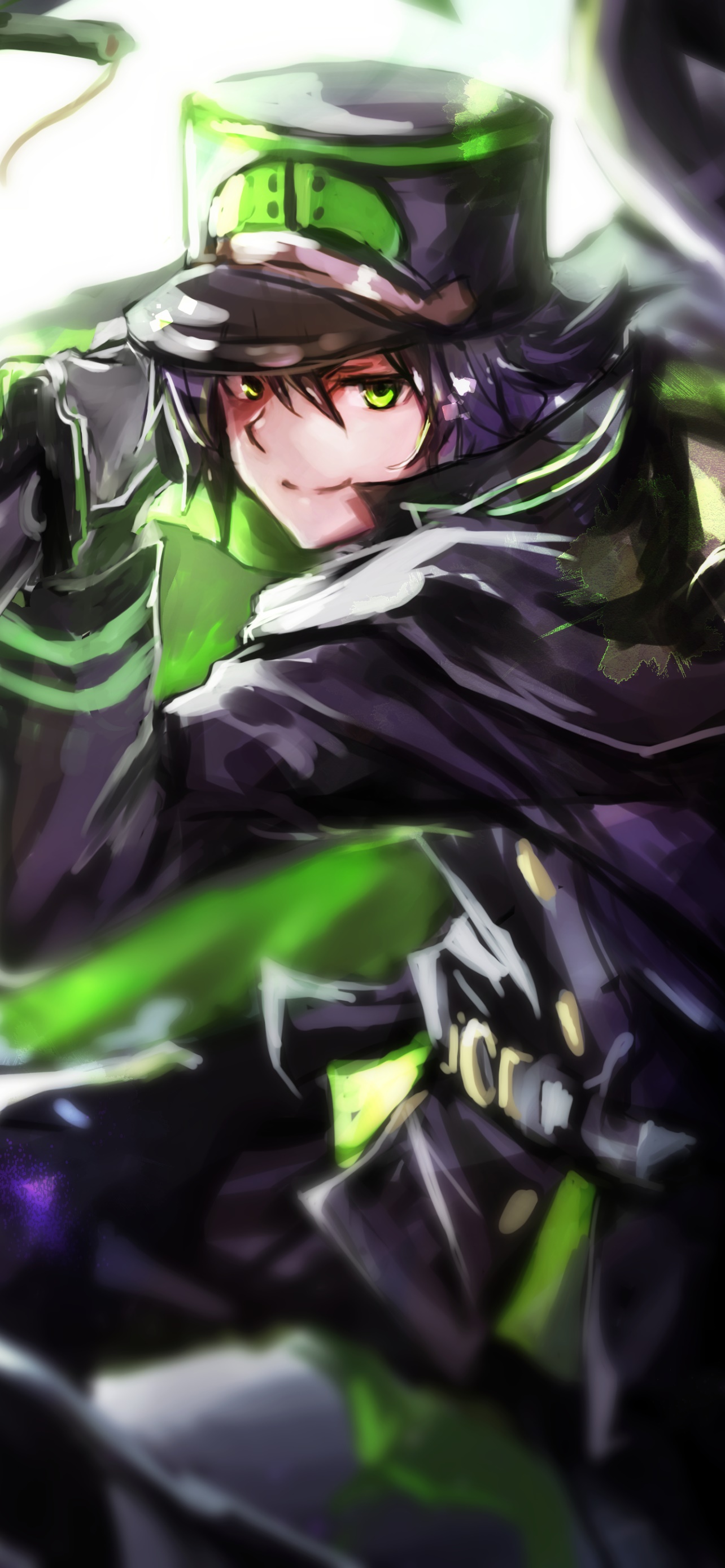 Anime Seraph of the End, Green Eyes, Black Hair, Yūichirō Hyakuya, Uniform, Hat, 1284x2778, Phone HD Wallpaper